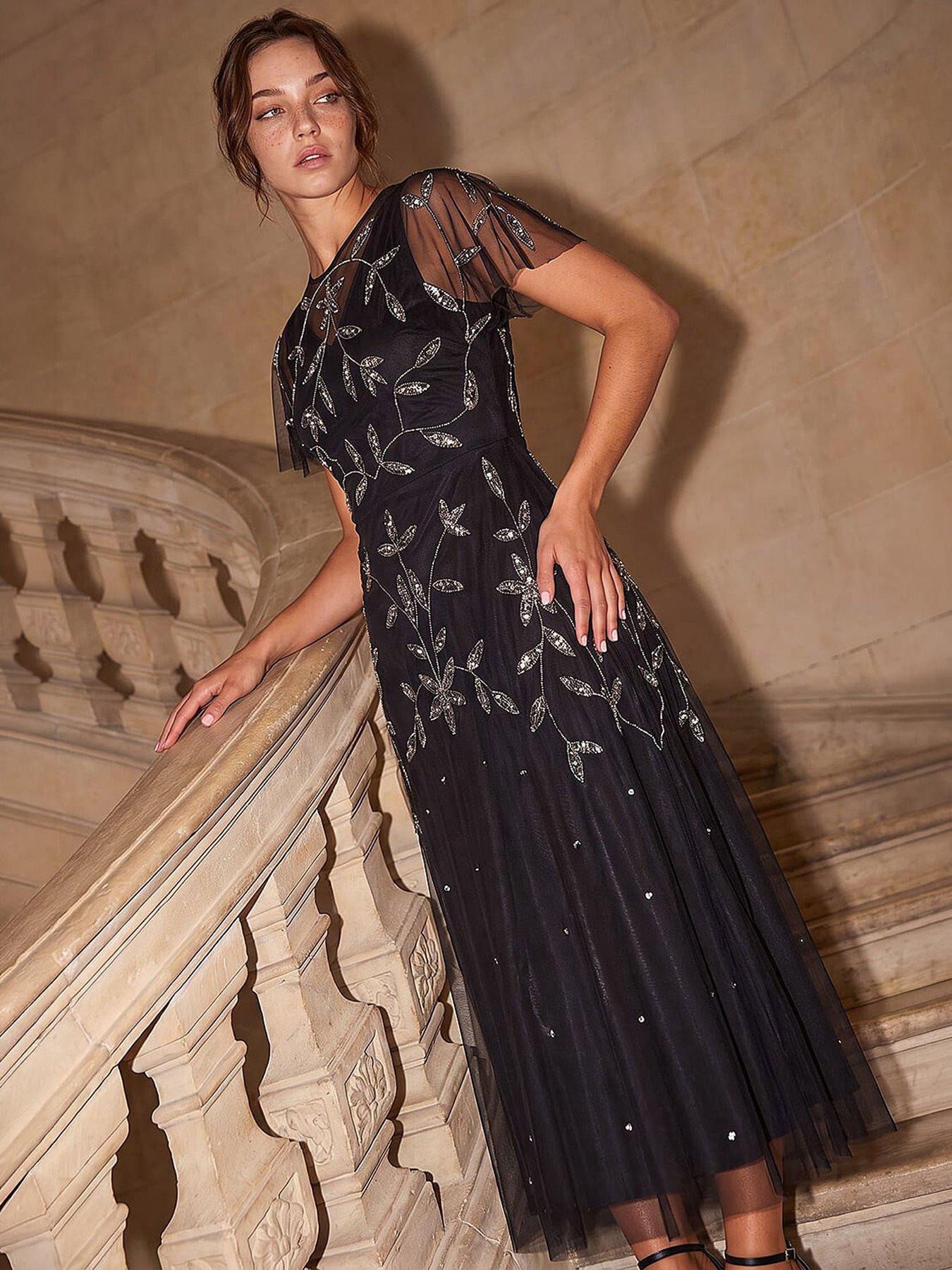 Image 4 of 4 of Roman Womens Petite Embroidered Mesh Layered Dress - Grey