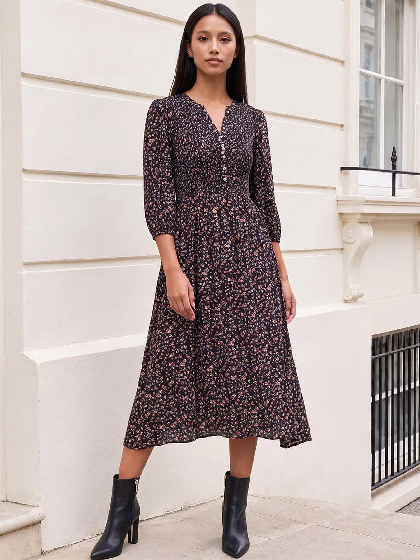 Image 1 of 4 of Roman Womens Petite Shirred Bodice Button Front Midi Dress - Black
