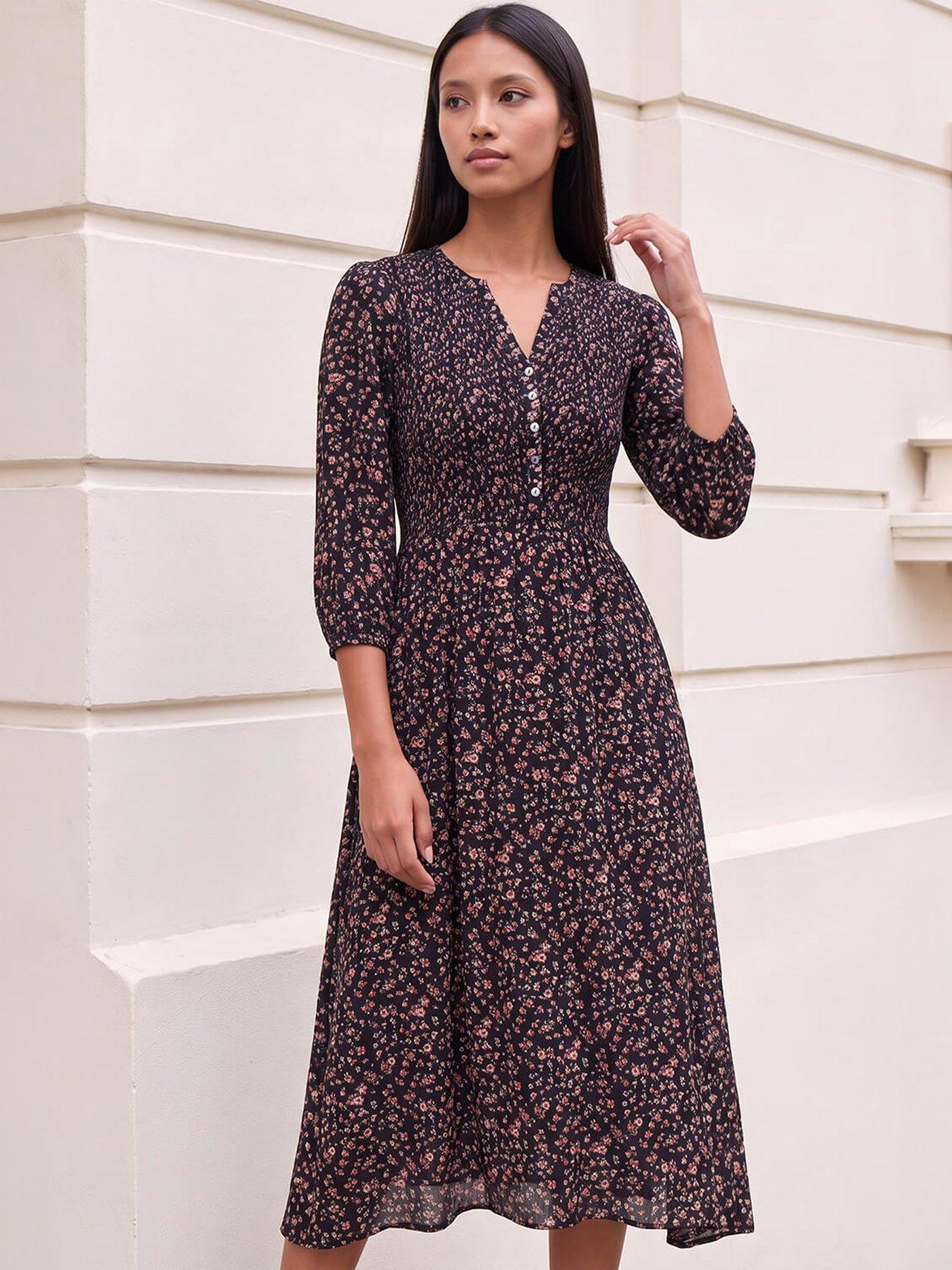 Image 3 of 4 of Roman Womens Petite Shirred Bodice Button Front Midi Dress - Black