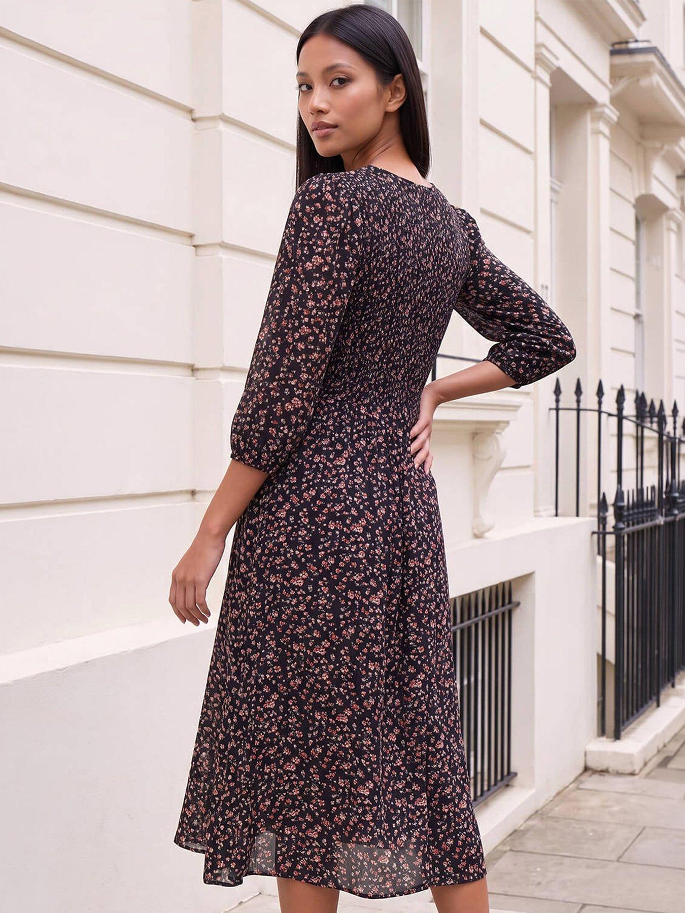 Image 4 of 4 of Roman Womens Petite Shirred Bodice Button Front Midi Dress - Black