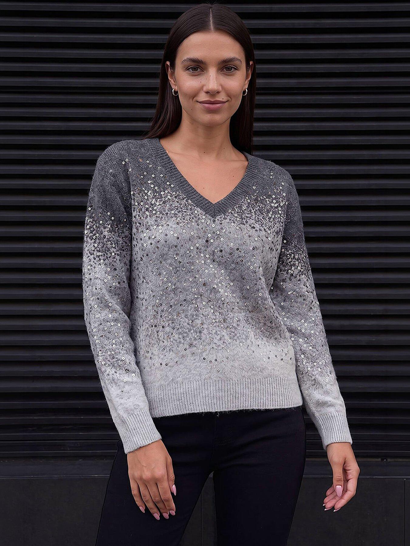 Roman Women's Grey Sparkly Ombre V-Neck Knit Jumper In | : Size 16 - Image 2