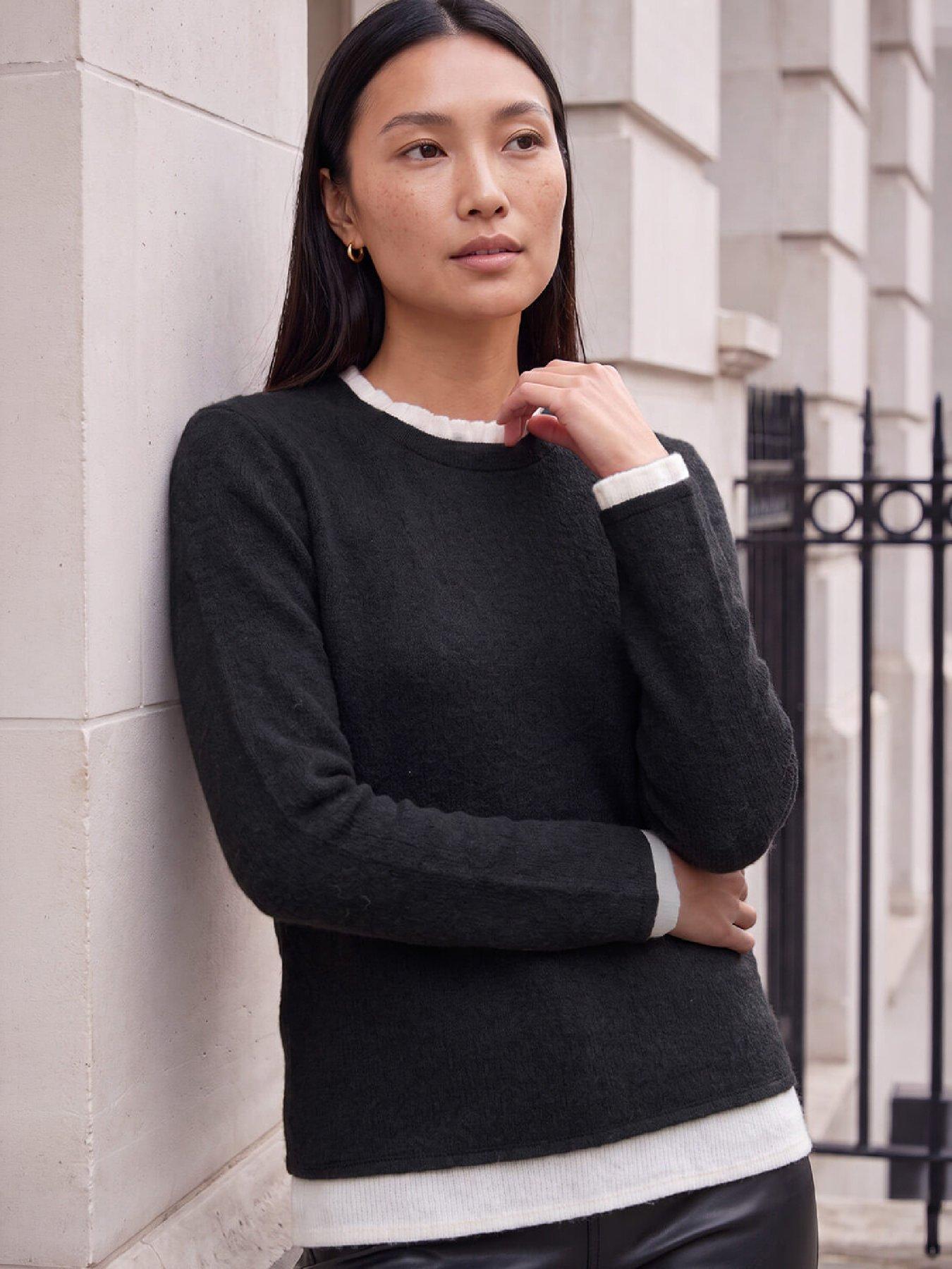 Image 1 of 4 of Roman Womens Frill Neck Stretch Jersey Top - Black