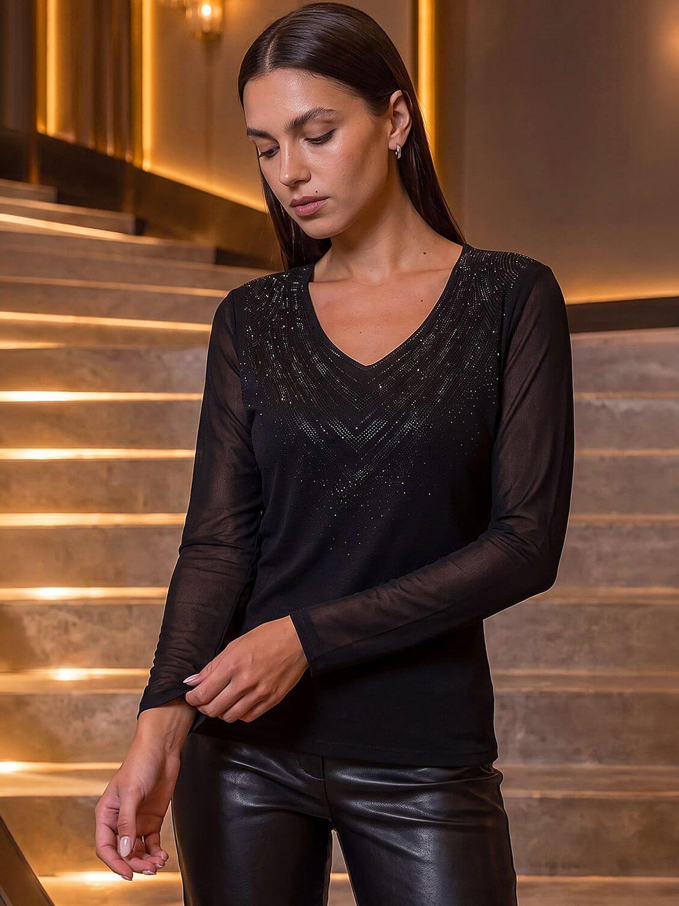 Roman Women's Sparkly Shimmer V-Neck Top in Black | Size: 18 - Image 3