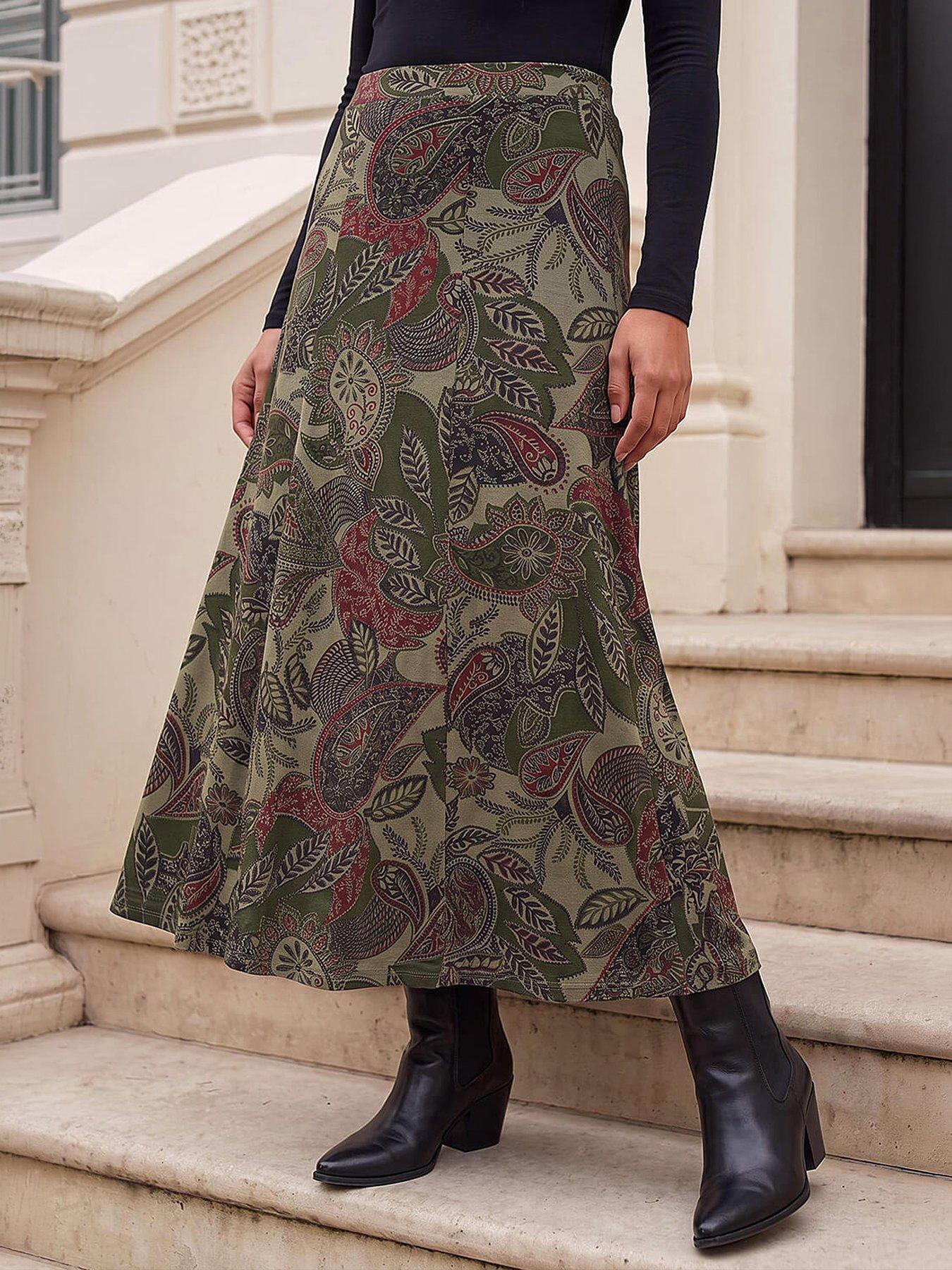 Image 1 of 4 of Roman Womens Paisley Print Midi Skirt - Green
