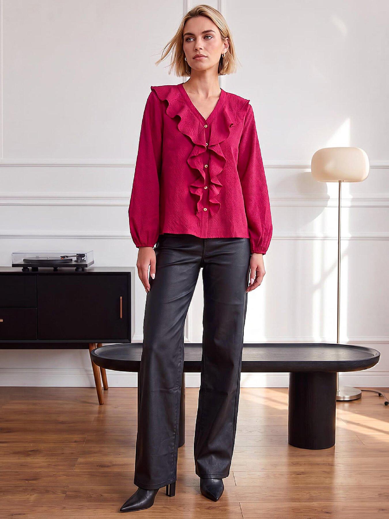 Image 4 of 4 of Roman Womens Ruffle Textured Blouse - Pink