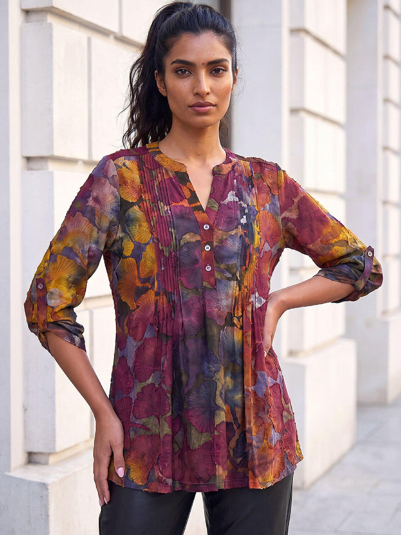 Image 1 of 4 of Roman Womens Burnout Pintuck Notch Neck Shirt - Orange