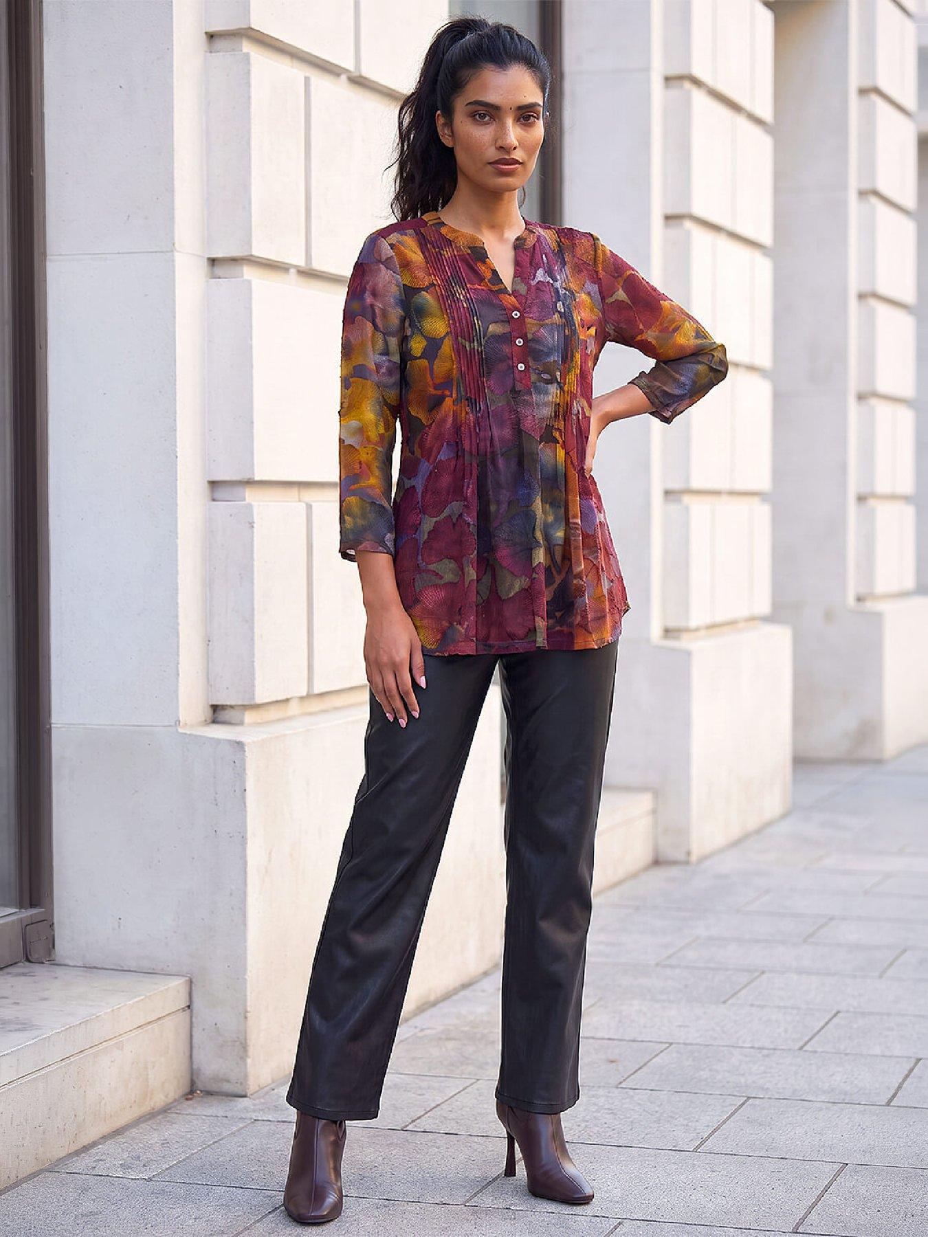 Image 3 of 4 of Roman Womens Burnout Pintuck Notch Neck Shirt - Orange
