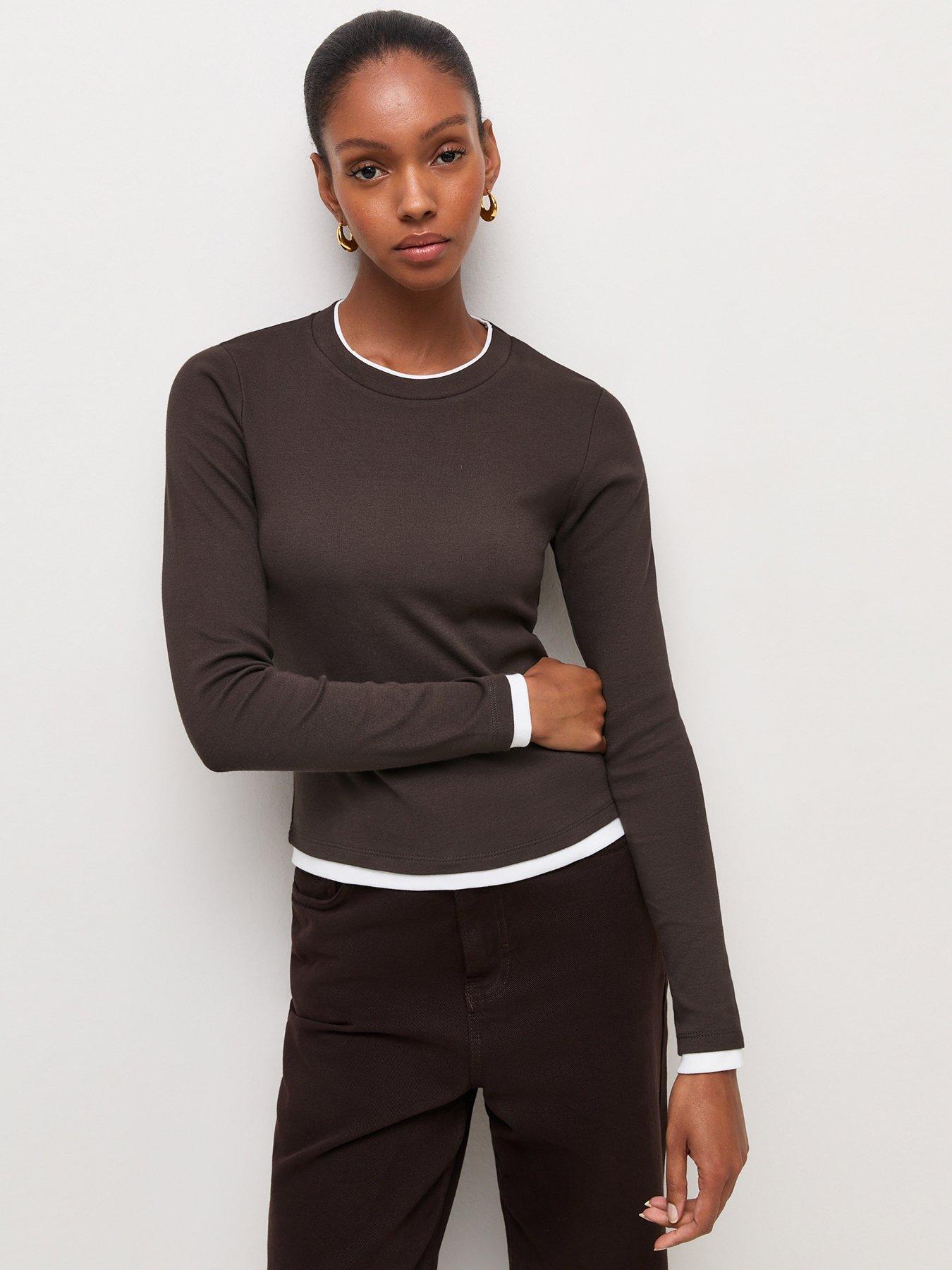 Image 1 of 5 of New Look Womens Double Layer Cotton Rich Long Sleeve Blouse - Brown
