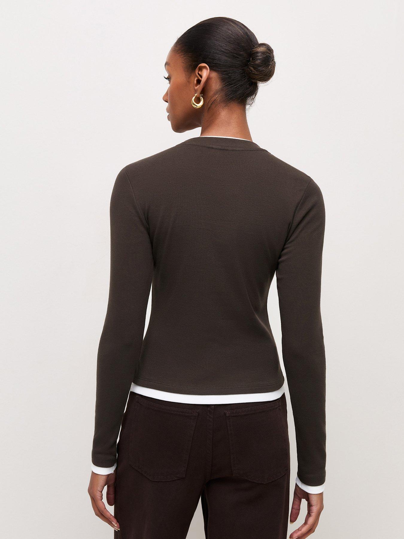 Image 2 of 5 of New Look Womens Double Layer Cotton Rich Long Sleeve Blouse - Brown