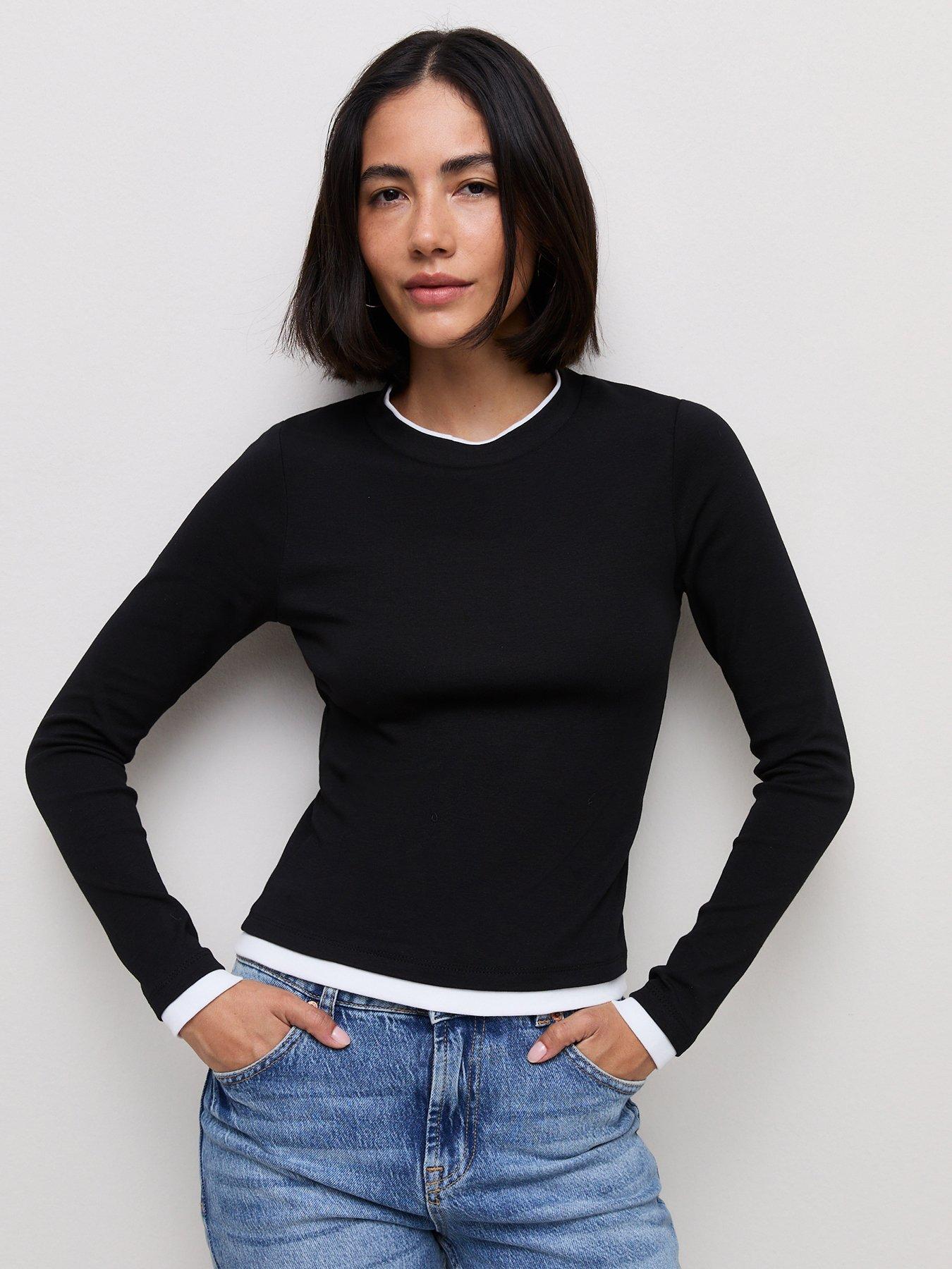 Image 1 of 5 of New Look Womens Double Layer Long Sleeve Blouse - Black