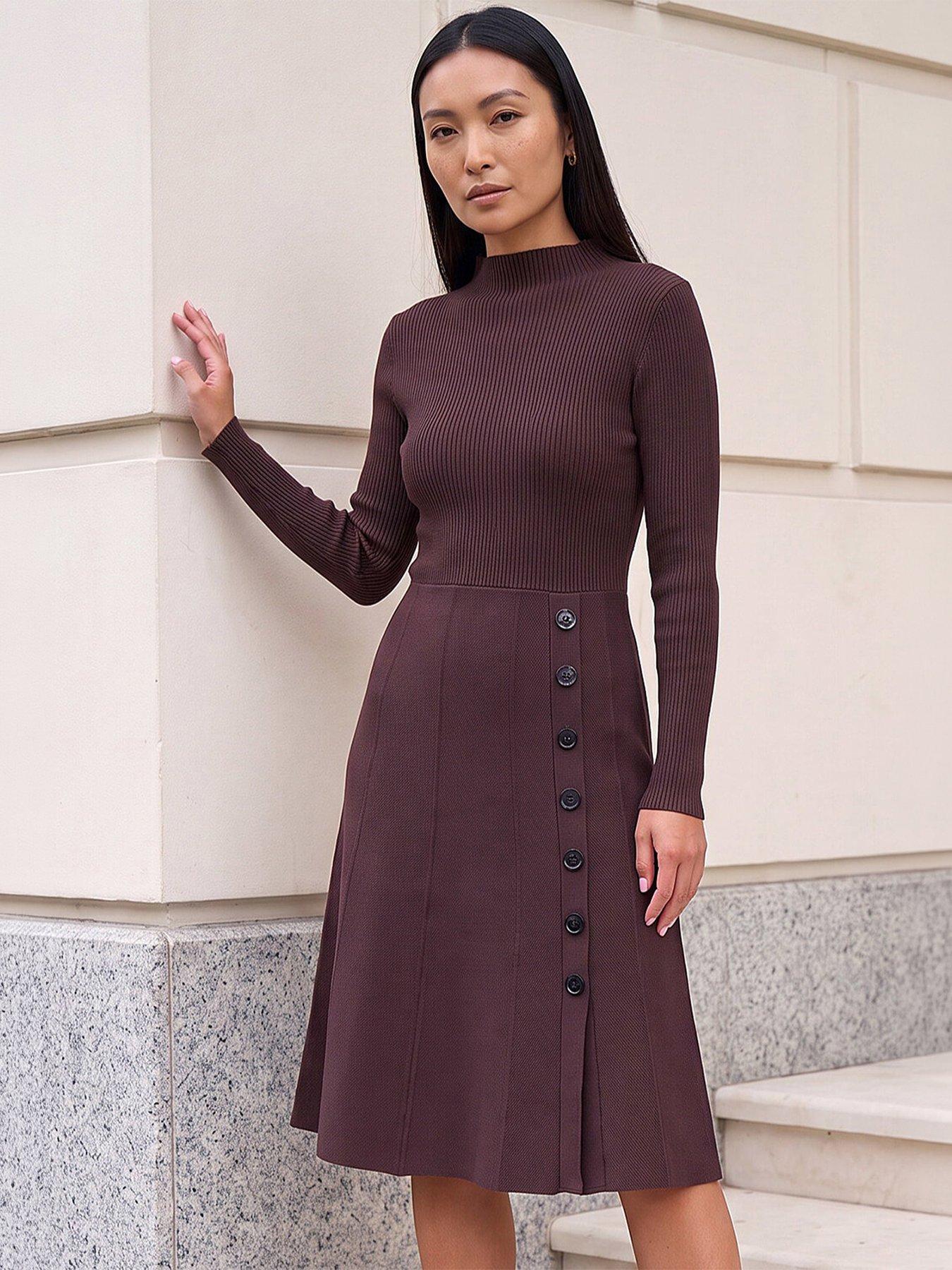 Image 1 of 4 of Roman Womens Button Detail Ribbed Knit Midi Dress - Brown