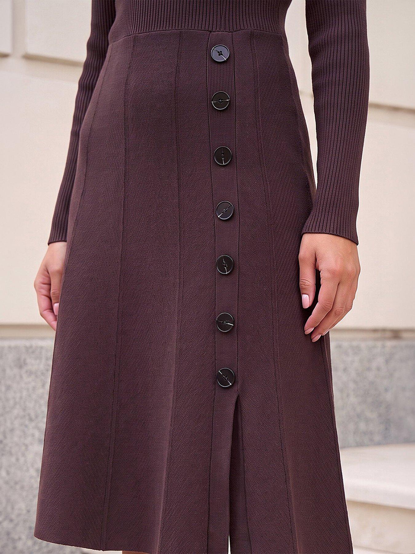 Image 2 of 4 of Roman Womens Button Detail Ribbed Knit Midi Dress - Brown