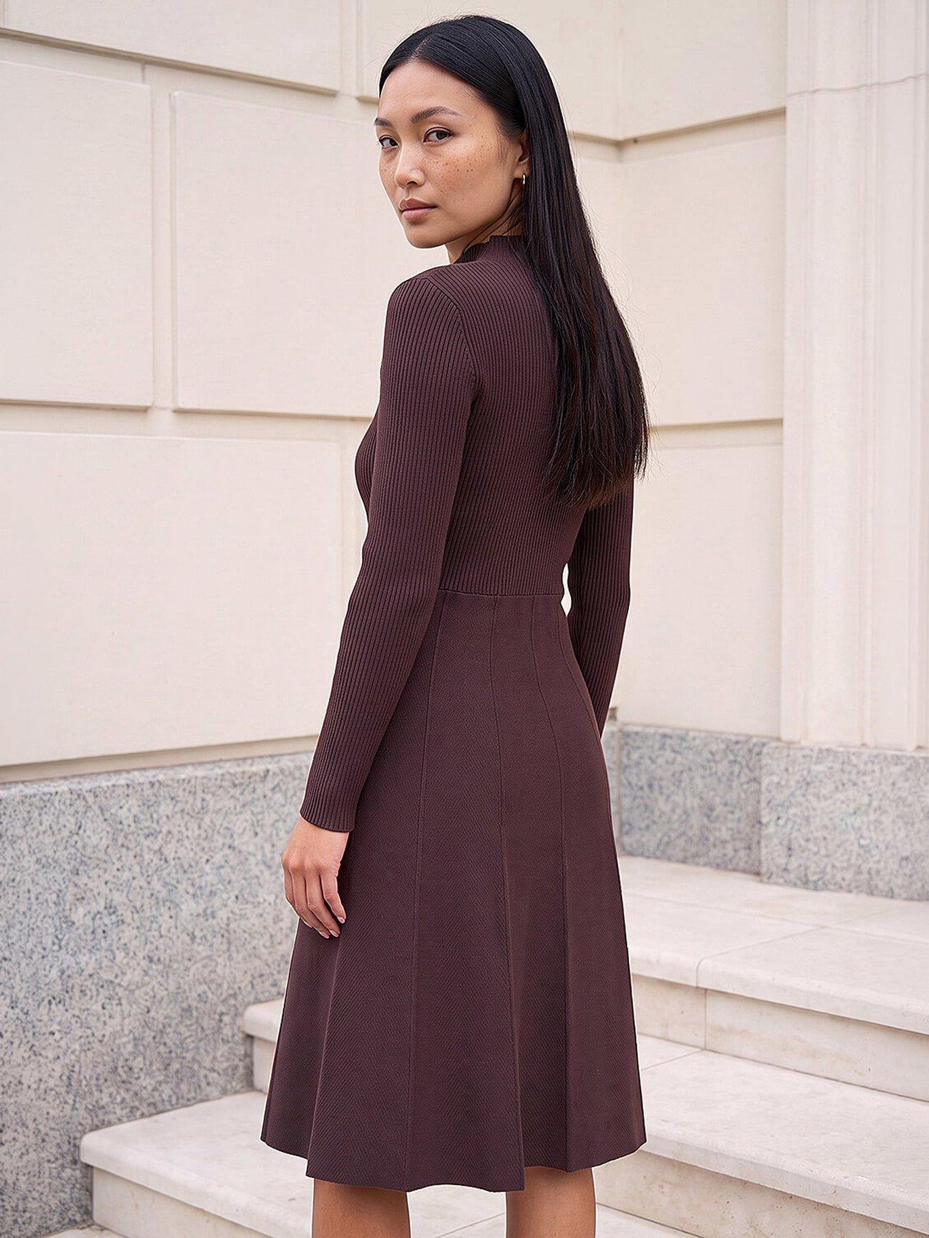 Image 3 of 4 of Roman Womens Button Detail Ribbed Knit Midi Dress - Brown