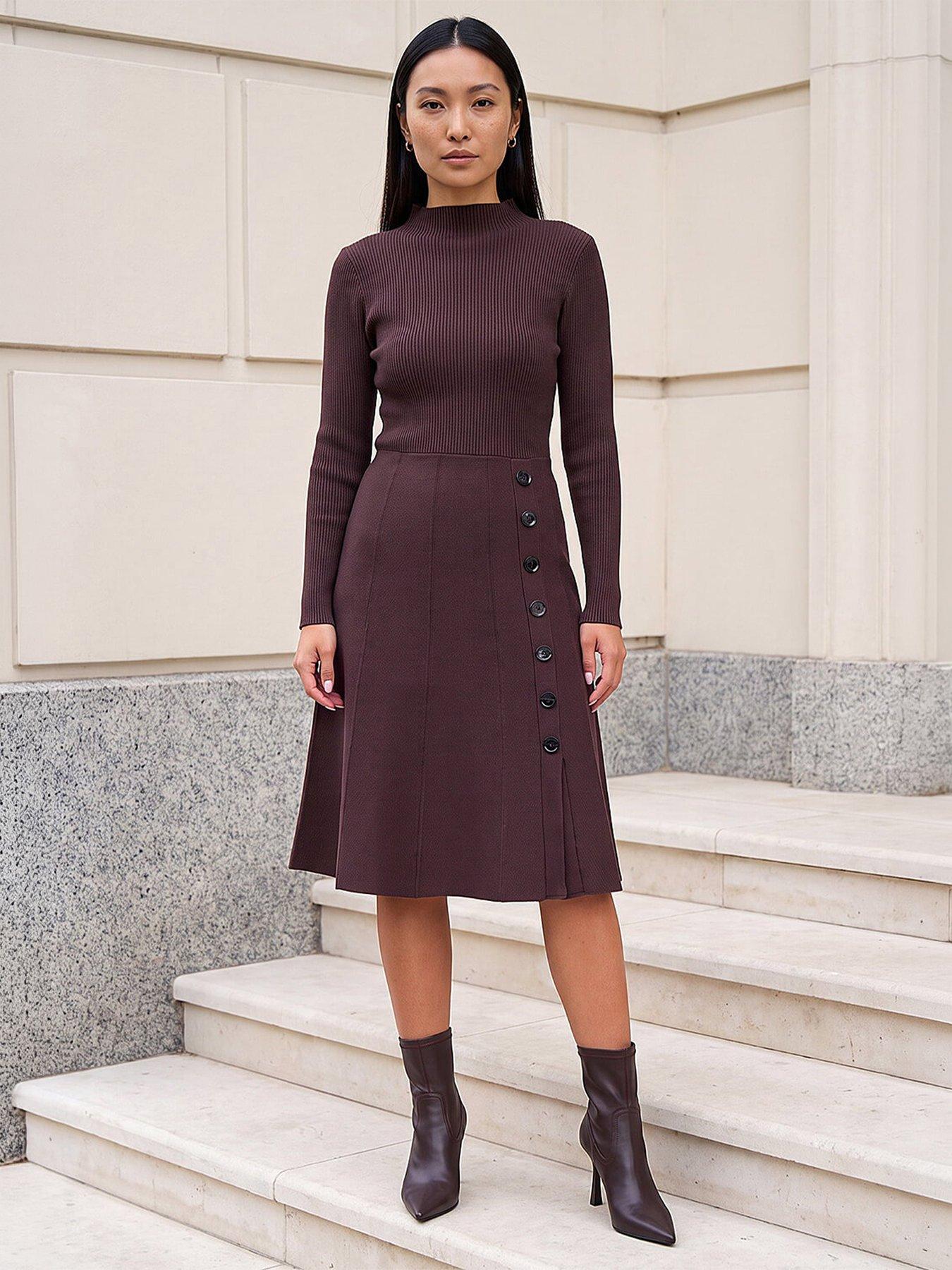 Image 4 of 4 of Roman Womens Button Detail Ribbed Knit Midi Dress - Brown