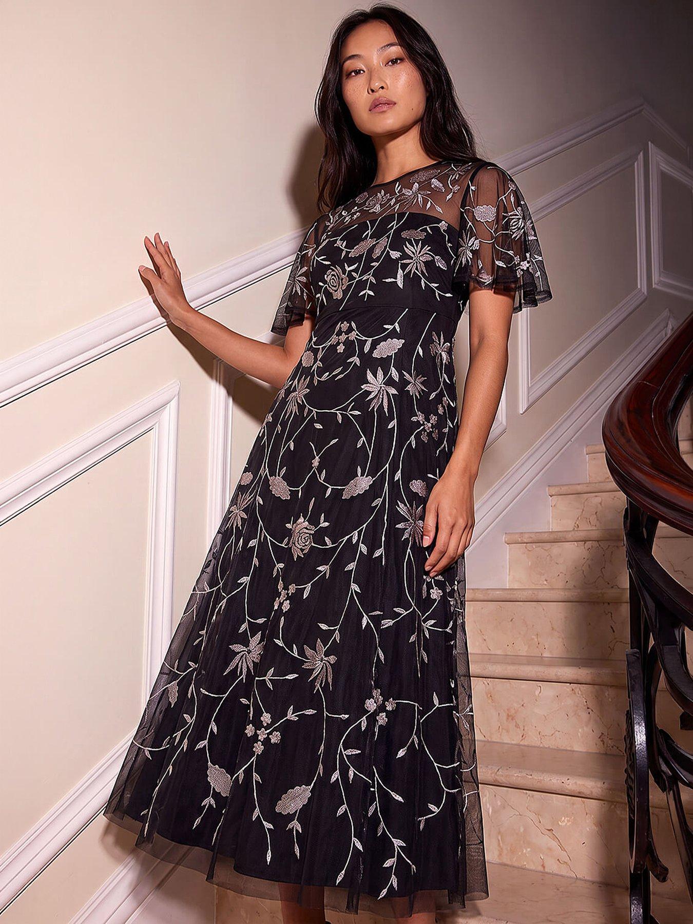Roman Women's Petite Embroidered Mesh Midi Dress in Black | Size: 12 - Image 2