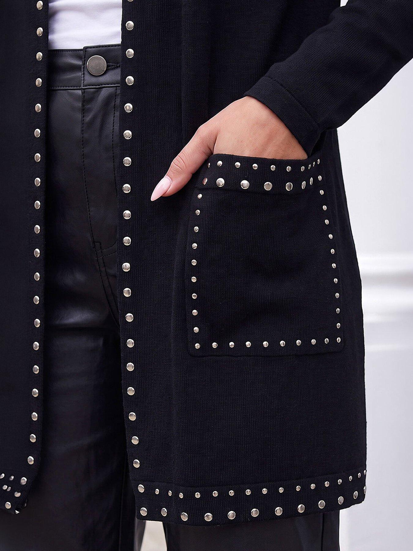 Image 2 of 4 of Roman Womens Stud Trim Longline Cardigan - Black
