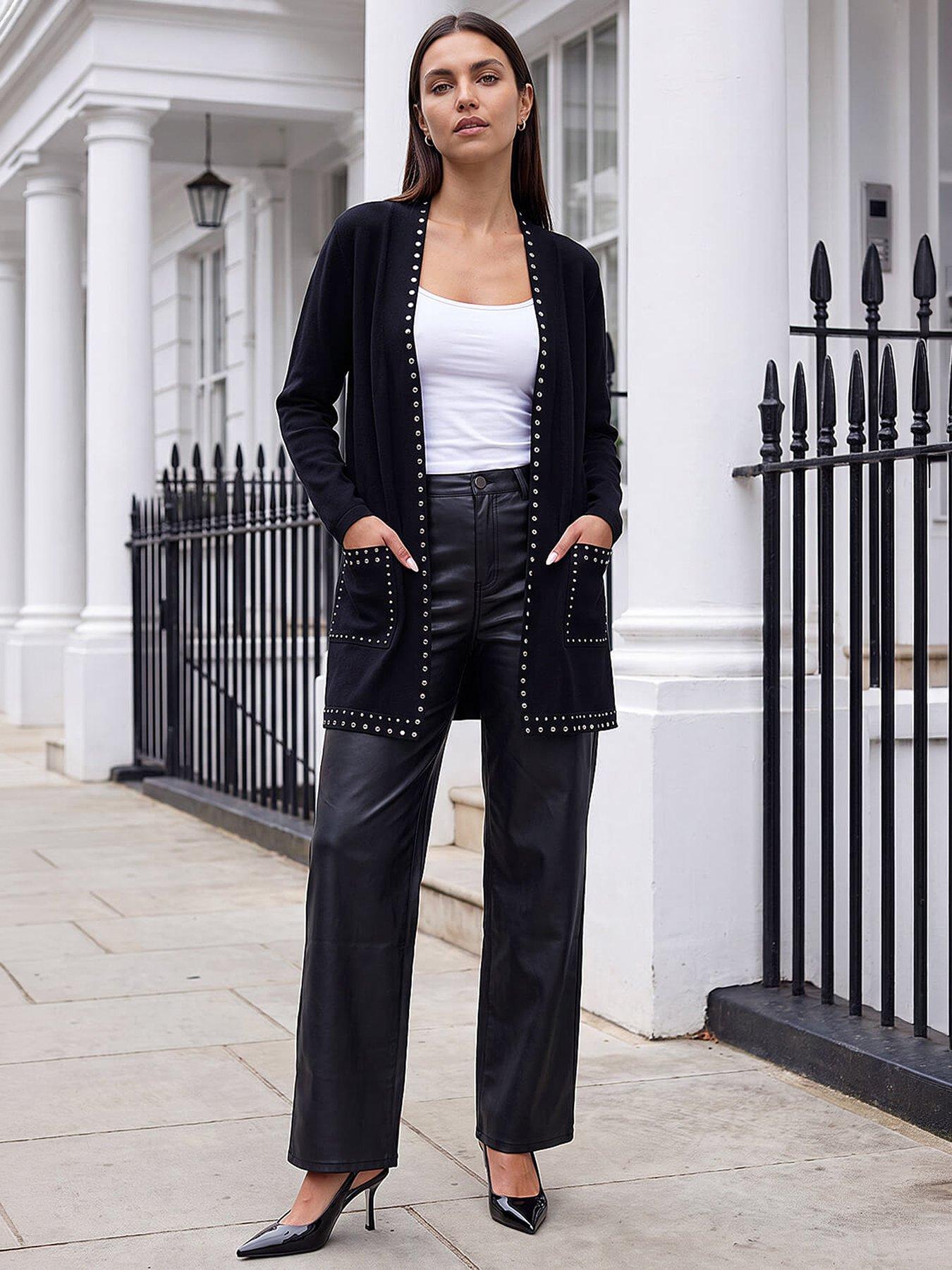 Image 4 of 4 of Roman Womens Stud Trim Longline Cardigan - Black