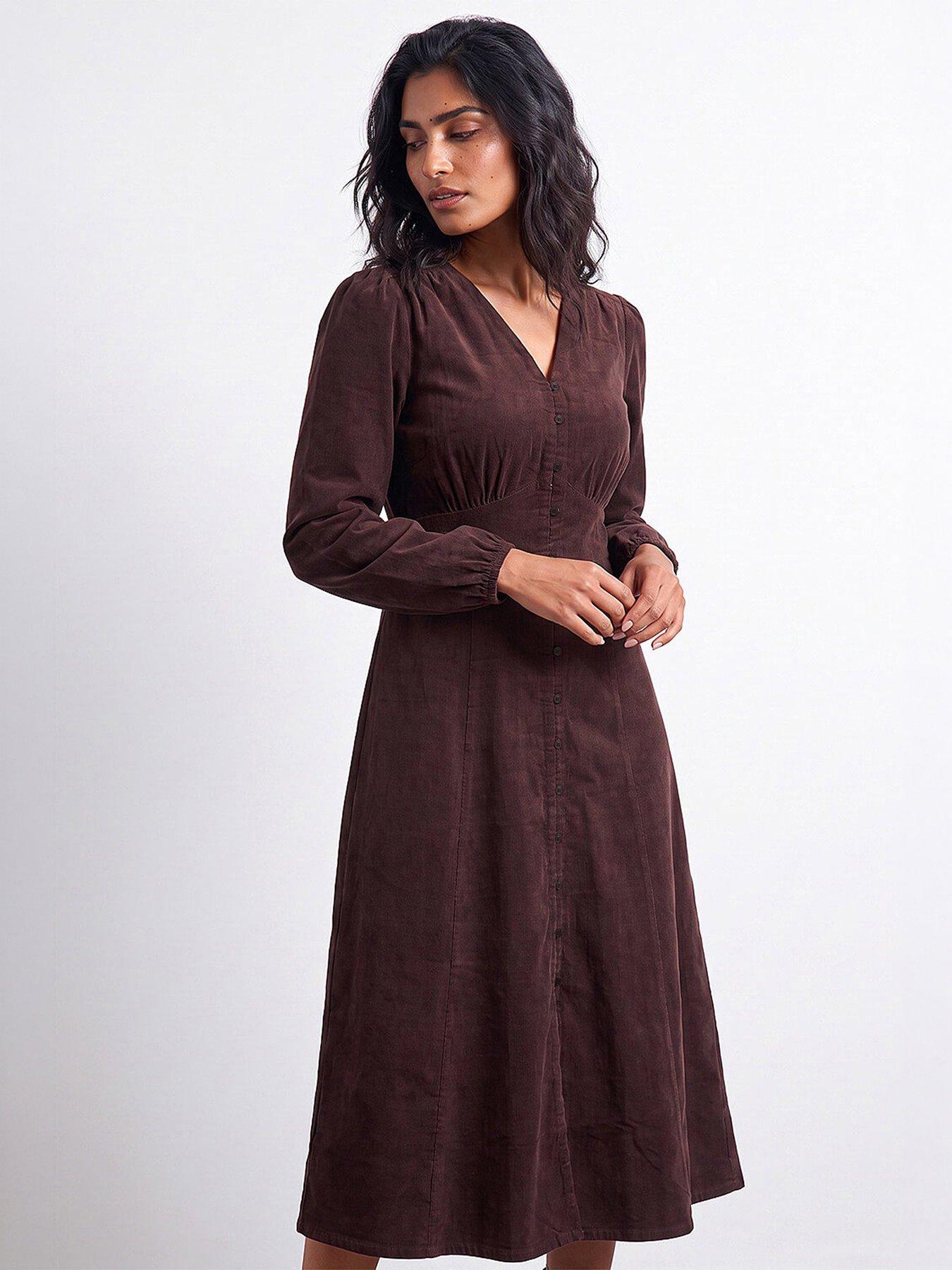 Roman Women's Chocolate Corduroy Button Through Midi Dress In | : Size 14 - Image 2
