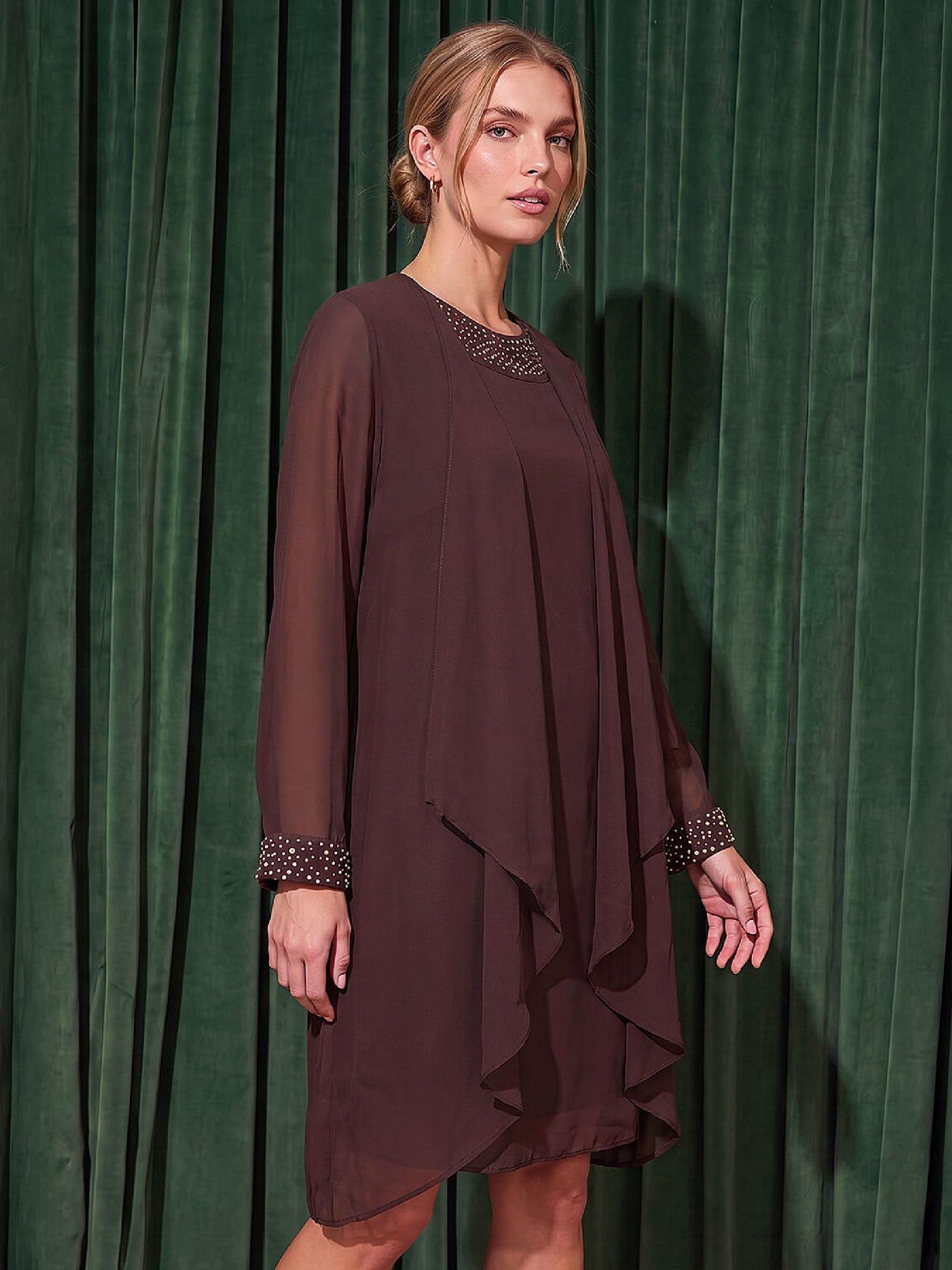 Image 3 of 4 of Roman Womens Sparkle Diamante Neckline Shift Dress With Shrug - Brown