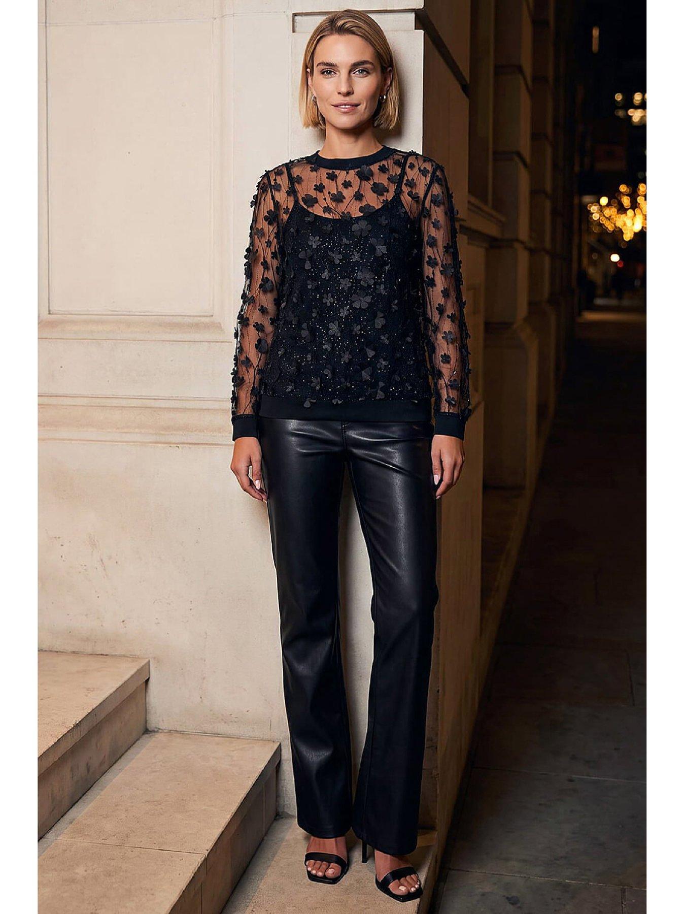 Image 4 of 4 of Roman Womens Applique Mesh Top - Black