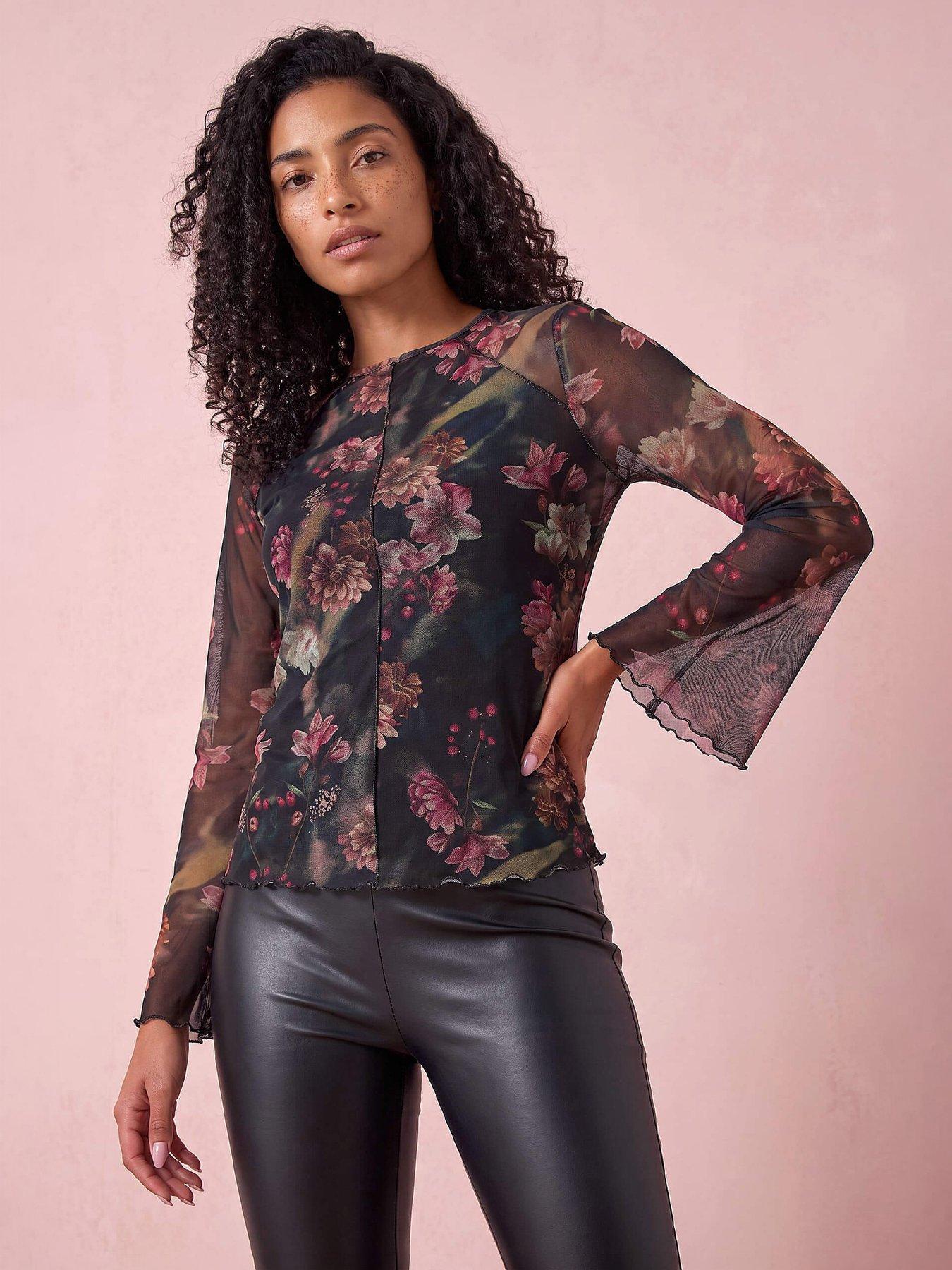 Image 1 of 4 of Roman Womens Floral Print Sheer Sleeve Mesh Top - Wine