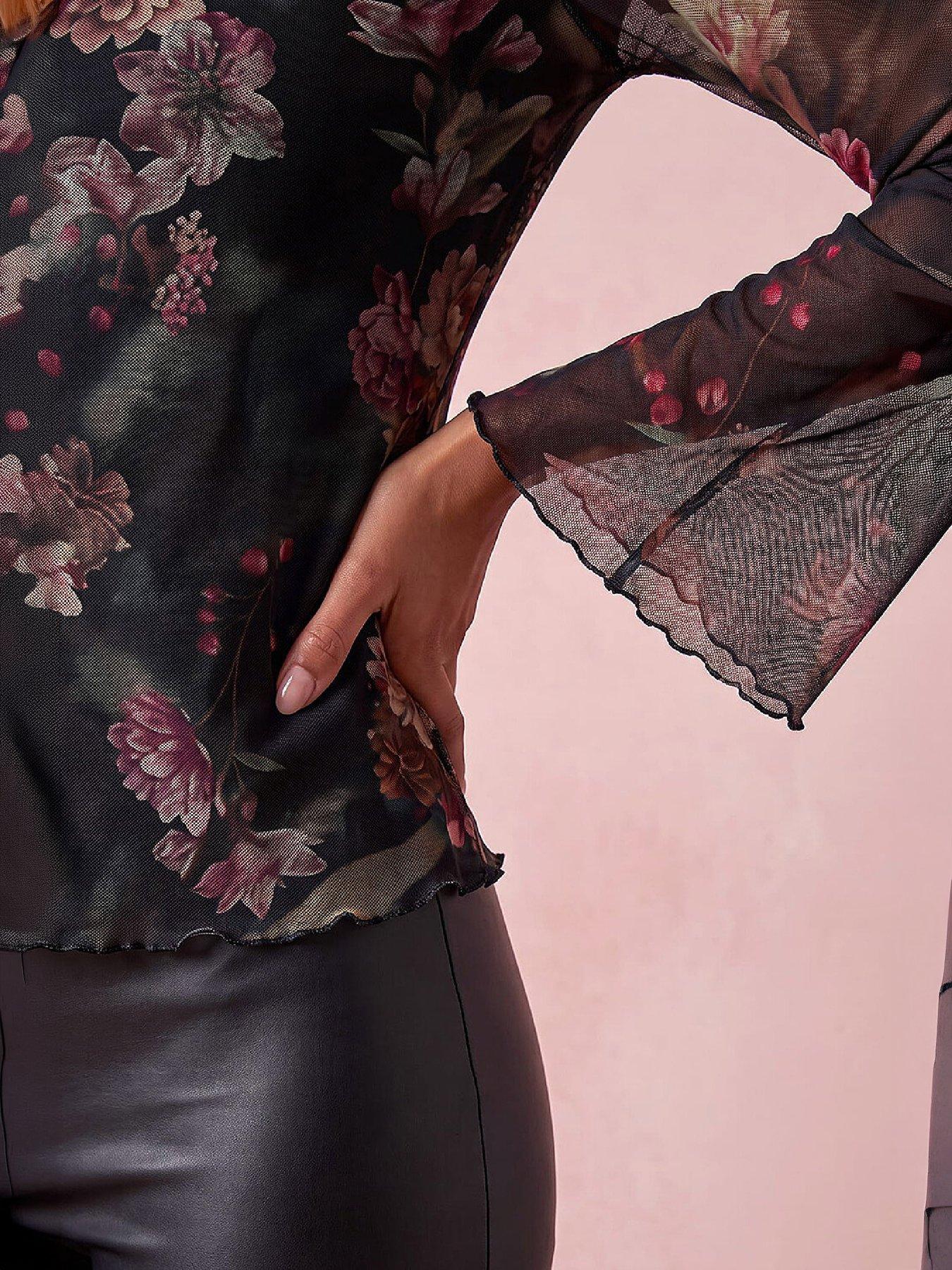 Image 2 of 4 of Roman Womens Floral Print Sheer Sleeve Mesh Top - Wine