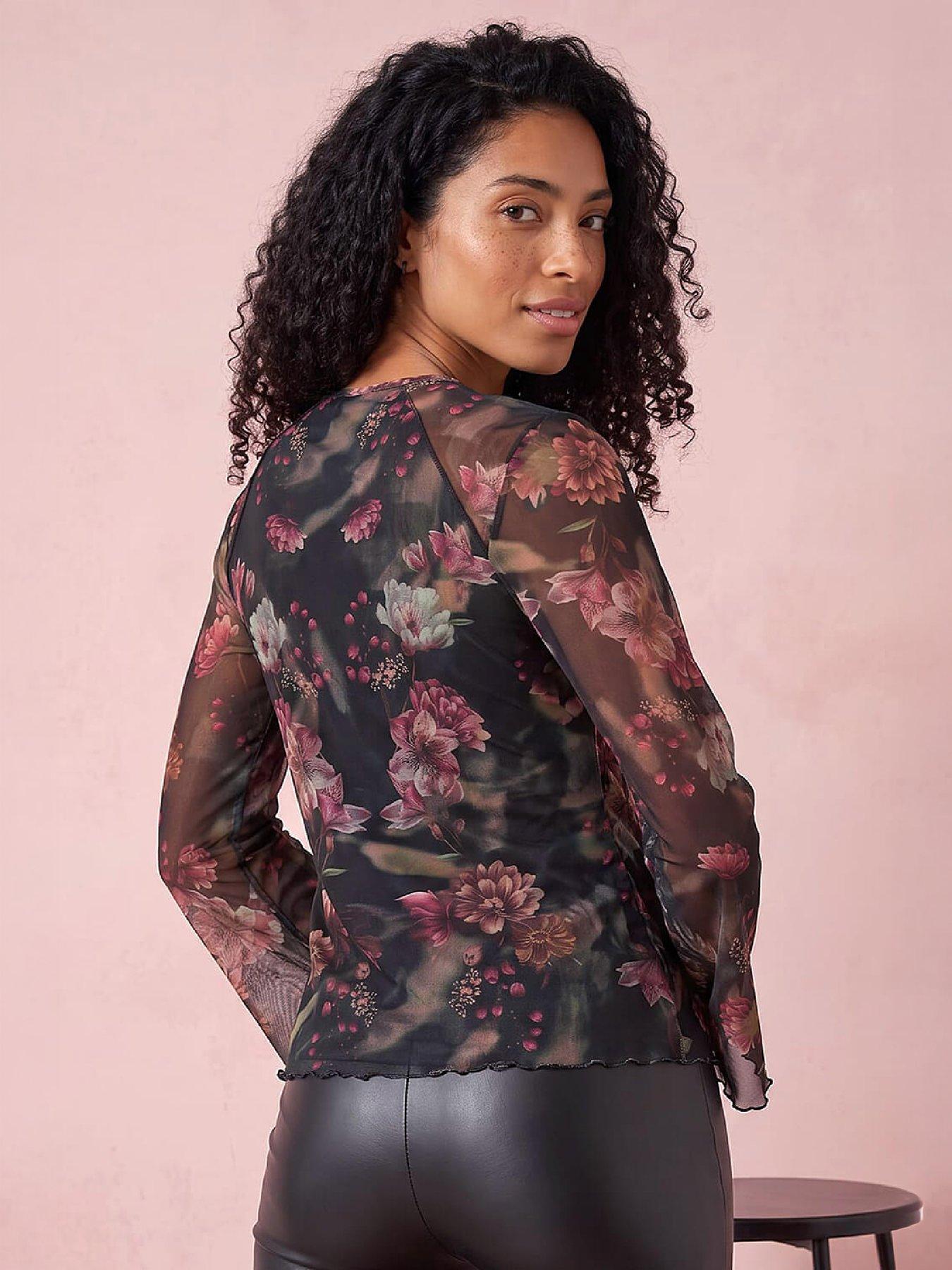 Image 3 of 4 of Roman Womens Floral Print Sheer Sleeve Mesh Top - Wine