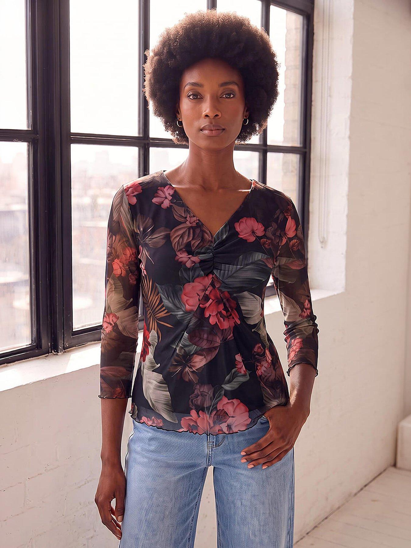 Roman Women's Wine Floral Print Mesh Top In | Size: 18 - Image 6