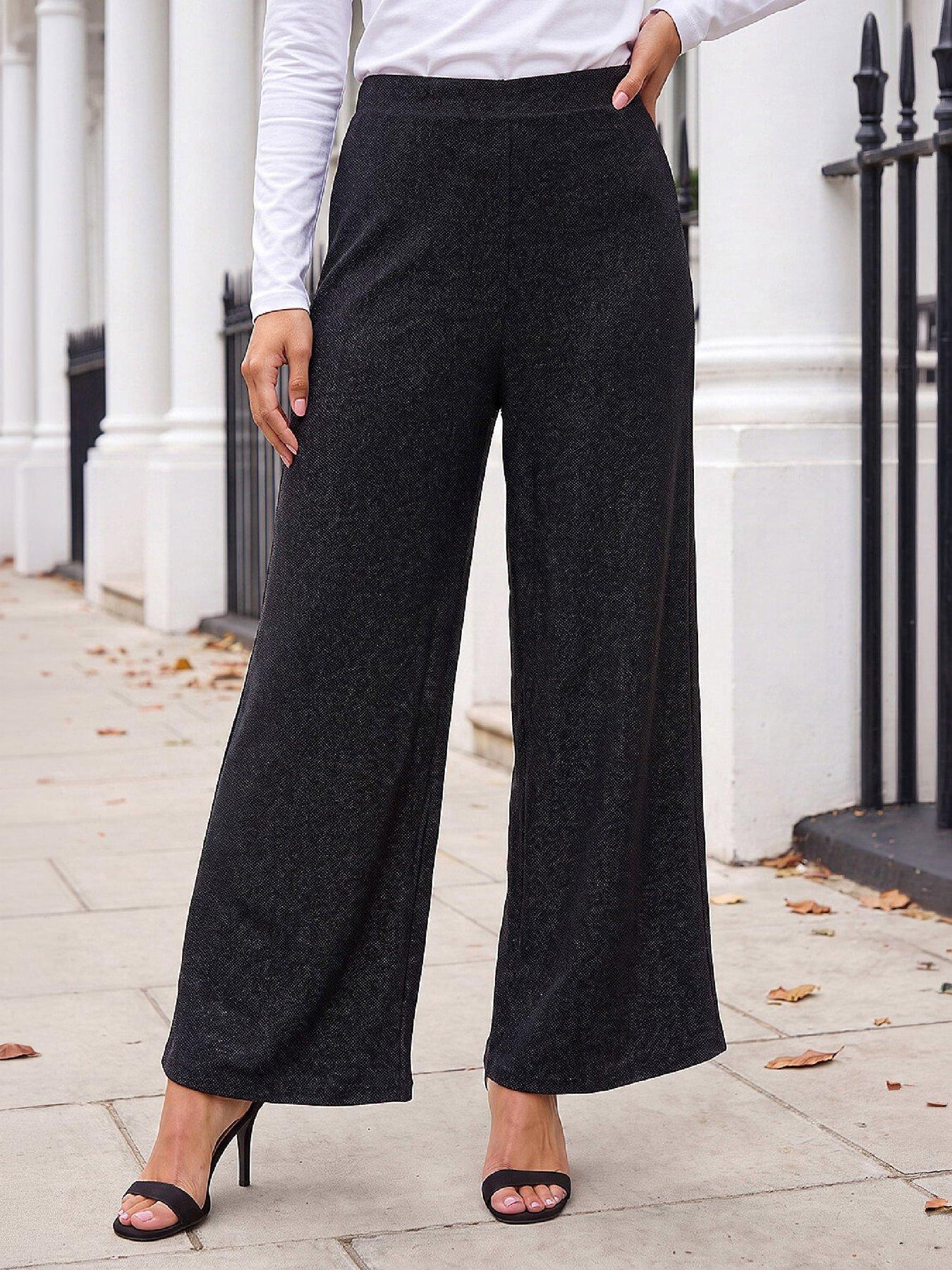 Image 1 of 4 of Roman Womens Petite Shimmer Wide Leg Trousers - Black