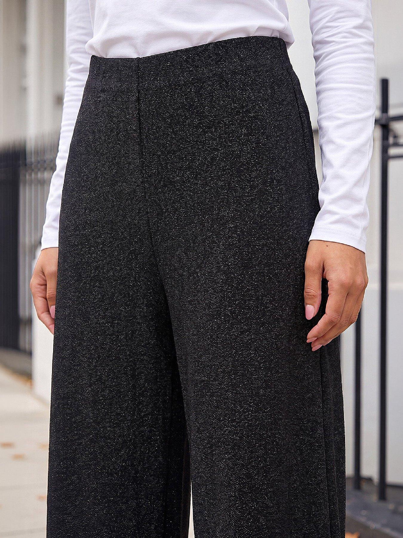 Image 2 of 4 of Roman Womens Petite Shimmer Wide Leg Trousers - Black