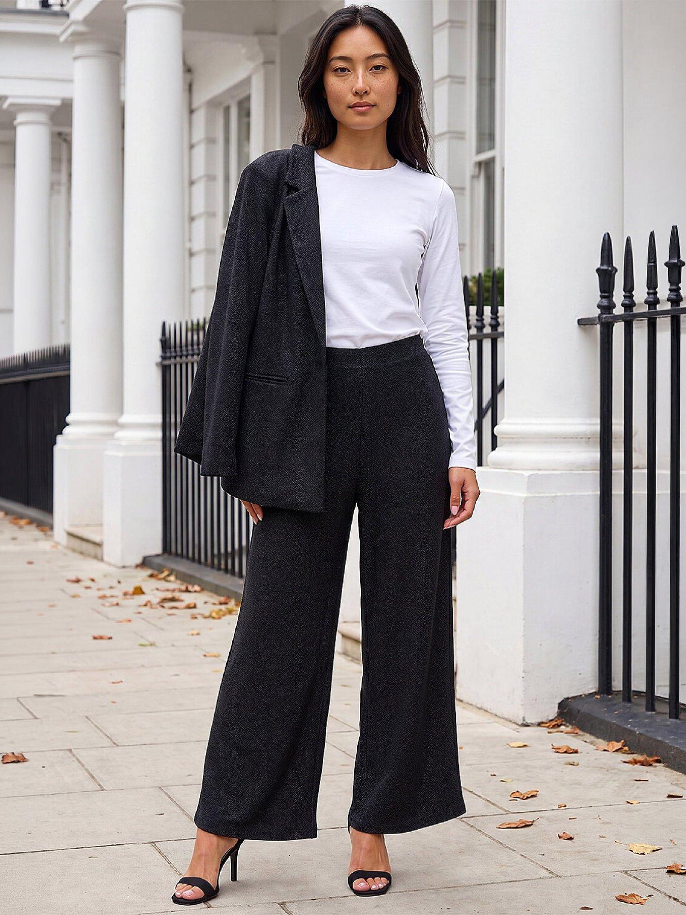 Image 4 of 4 of Roman Womens Petite Shimmer Wide Leg Trousers - Black