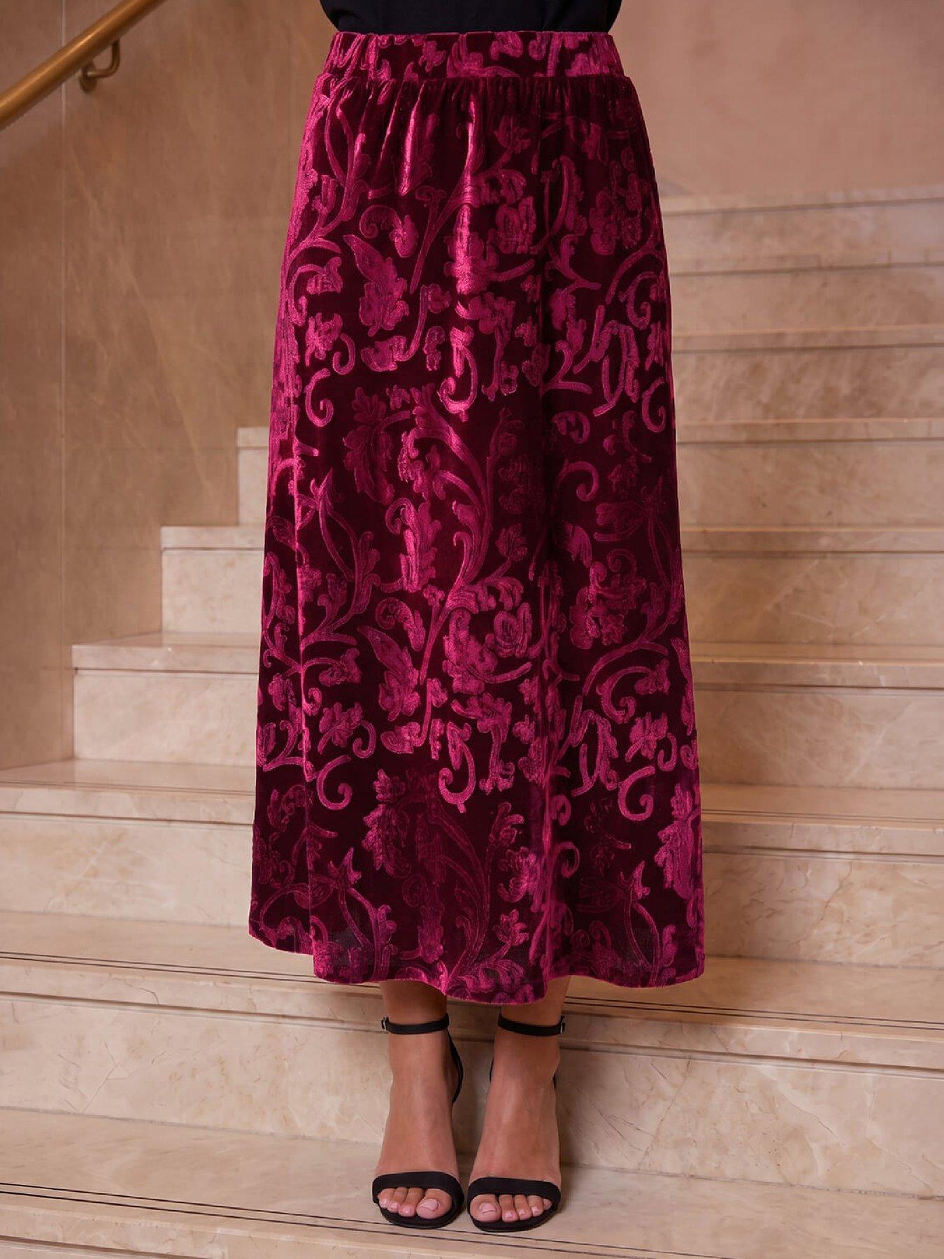 Image 1 of 4 of Roman Roman Womens Velvet Pattern Maxi Skirt - Red