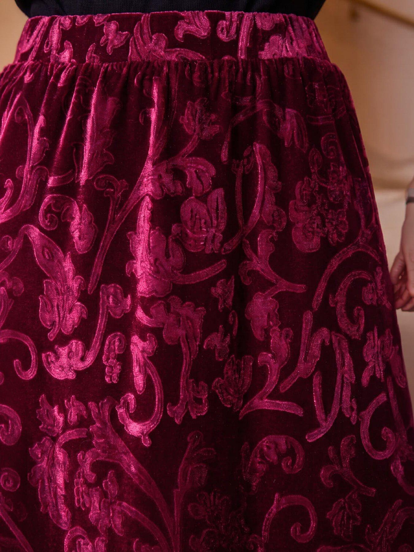 Image 2 of 4 of Roman Roman Womens Velvet Pattern Maxi Skirt - Red
