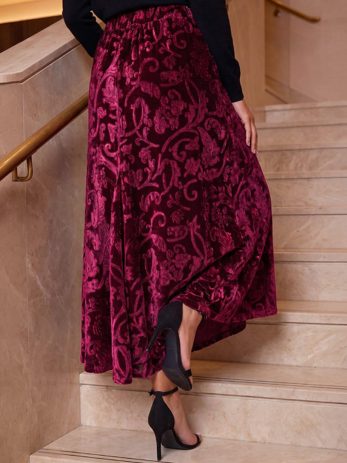 Image 3 of 4 of Roman Roman Womens Velvet Pattern Maxi Skirt - Red