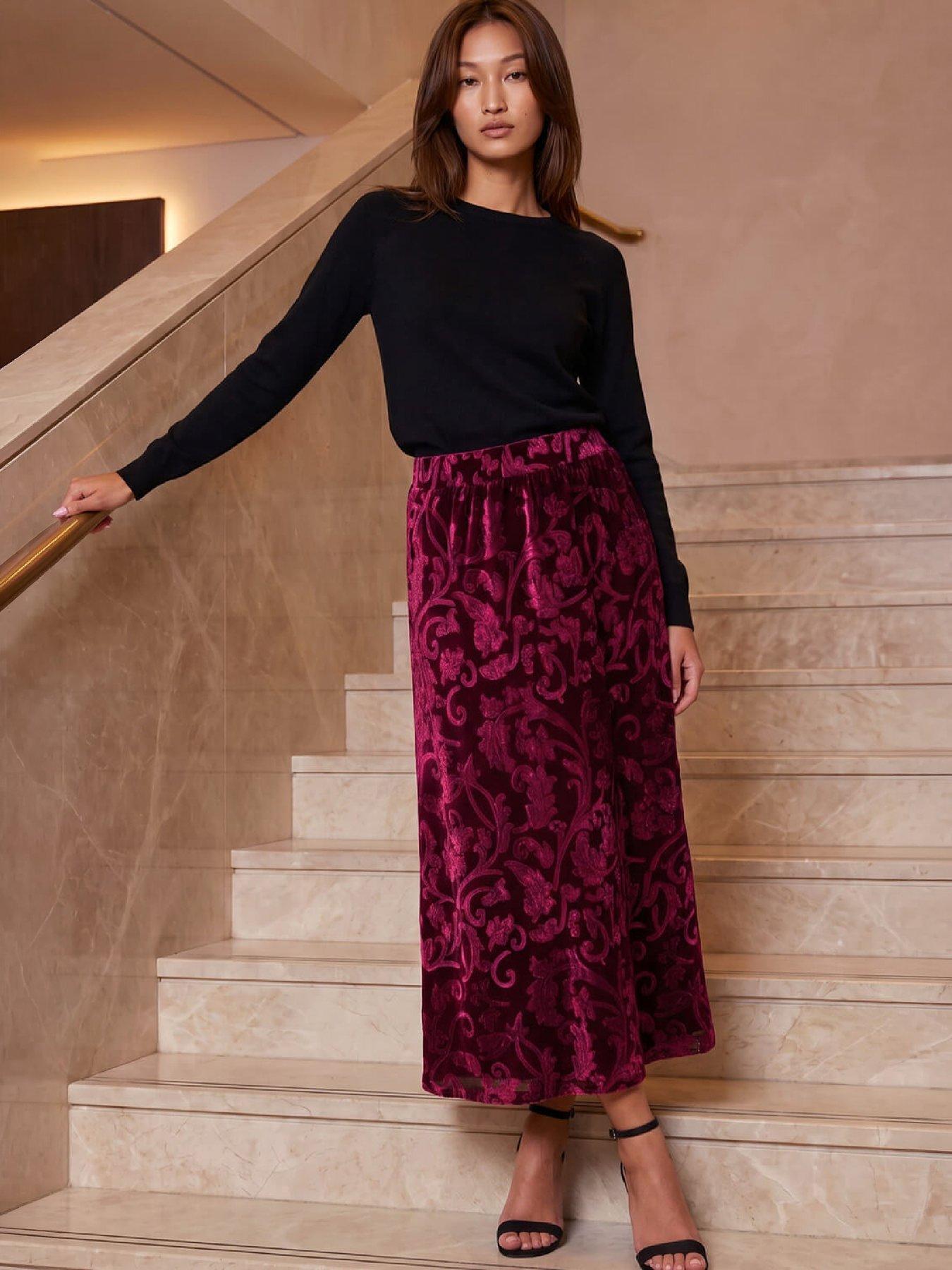 Image 4 of 4 of Roman Roman Womens Velvet Pattern Maxi Skirt - Red