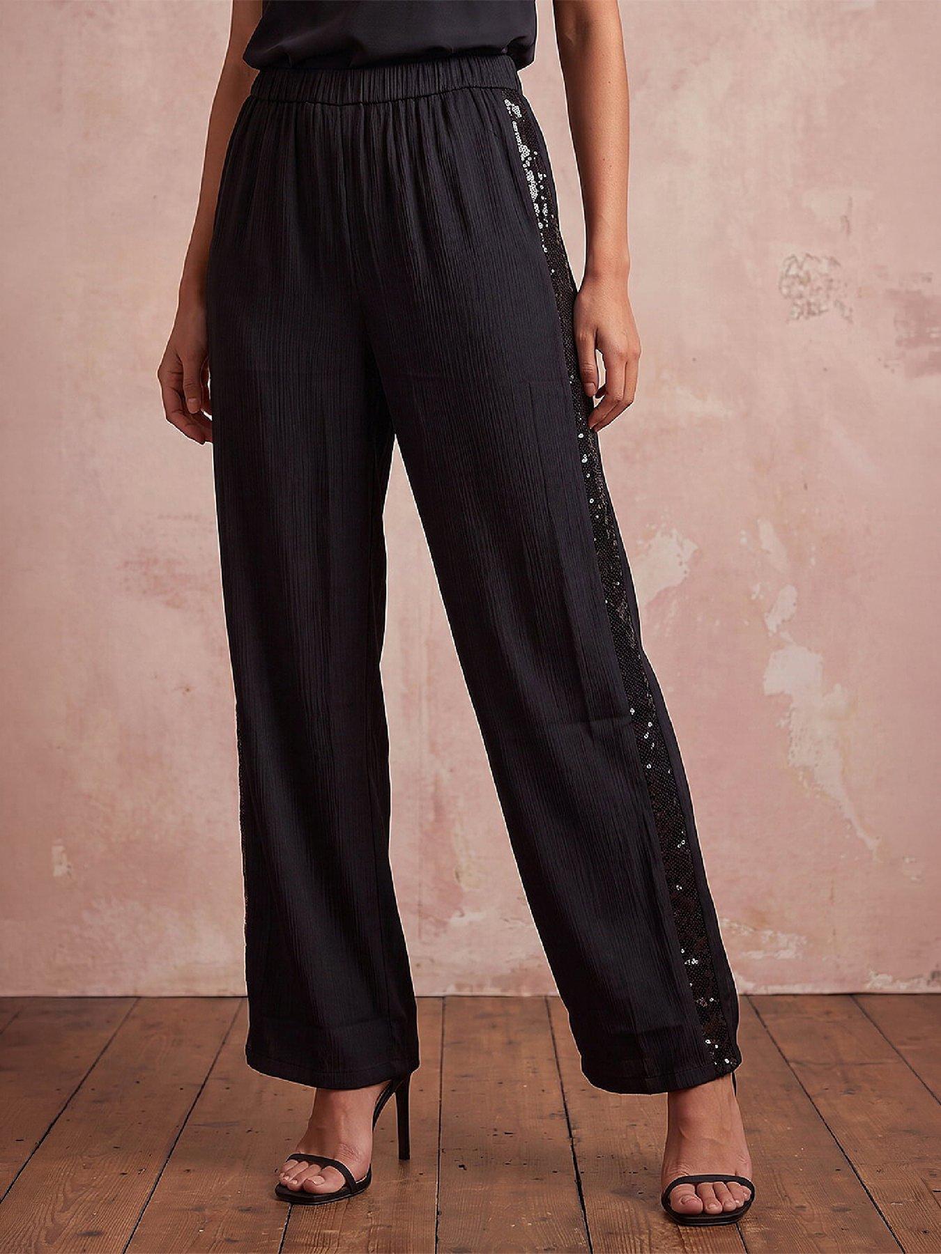 Image 1 of 4 of Roman Womens Sequin Side Wide Leg Trousers - Black