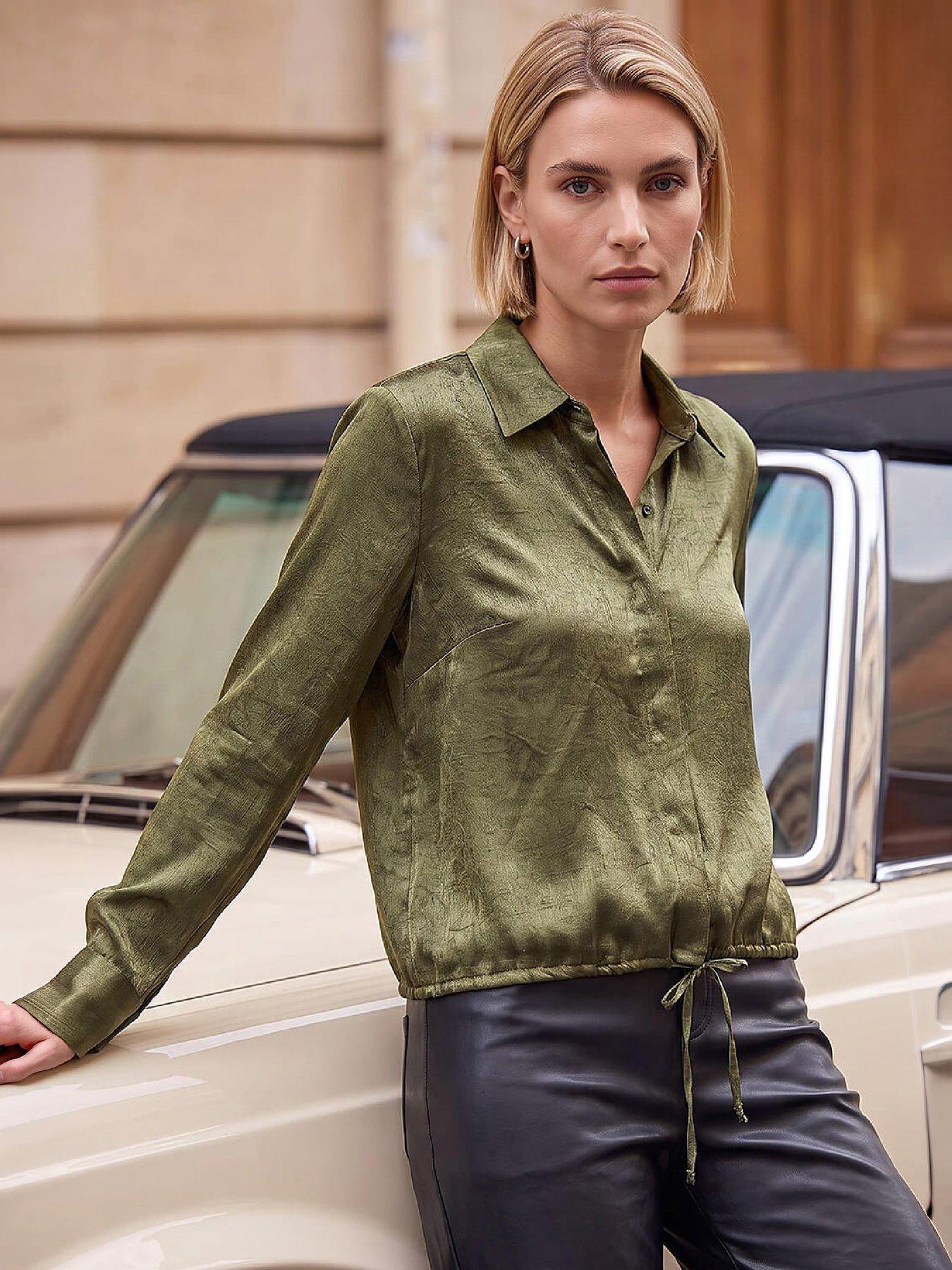 Image 1 of 4 of Roman Womens Tie Hem Crinkle Satin Shirt - Green