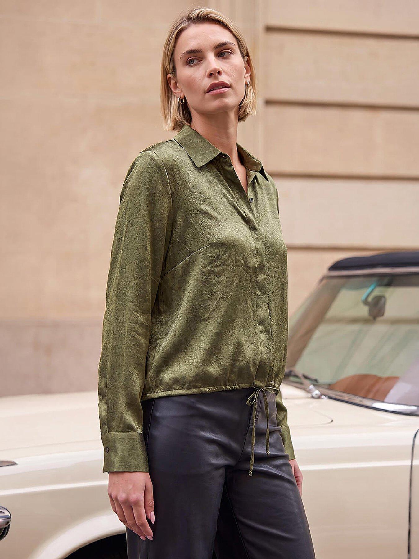 Image 3 of 4 of Roman Womens Tie Hem Crinkle Satin Shirt - Green