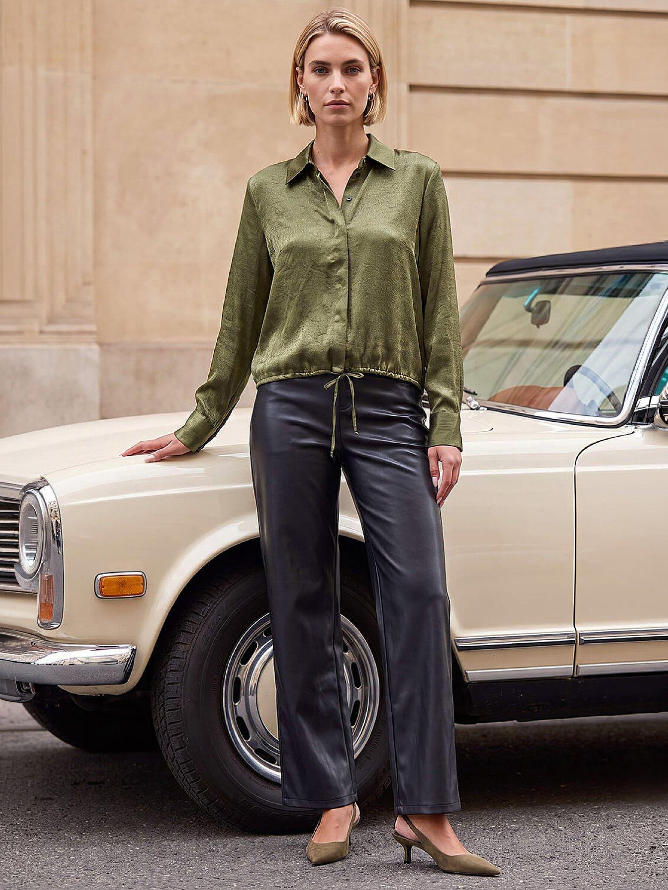 Image 4 of 4 of Roman Womens Tie Hem Crinkle Satin Shirt - Green