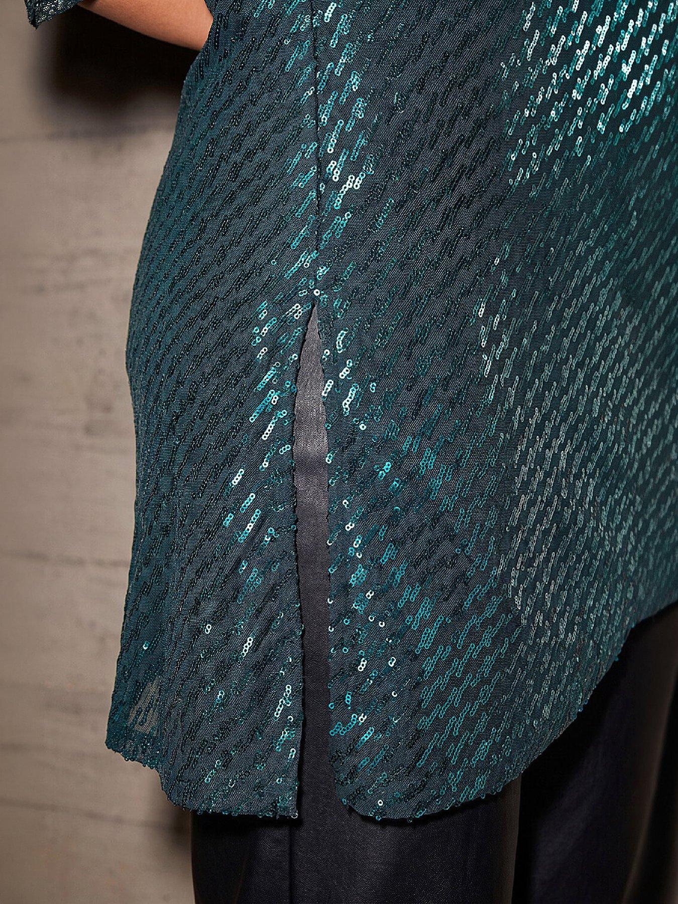Image 2 of 4 of Roman Womens Sequin V-Neck Asymmetric Hem Blouse - Green
