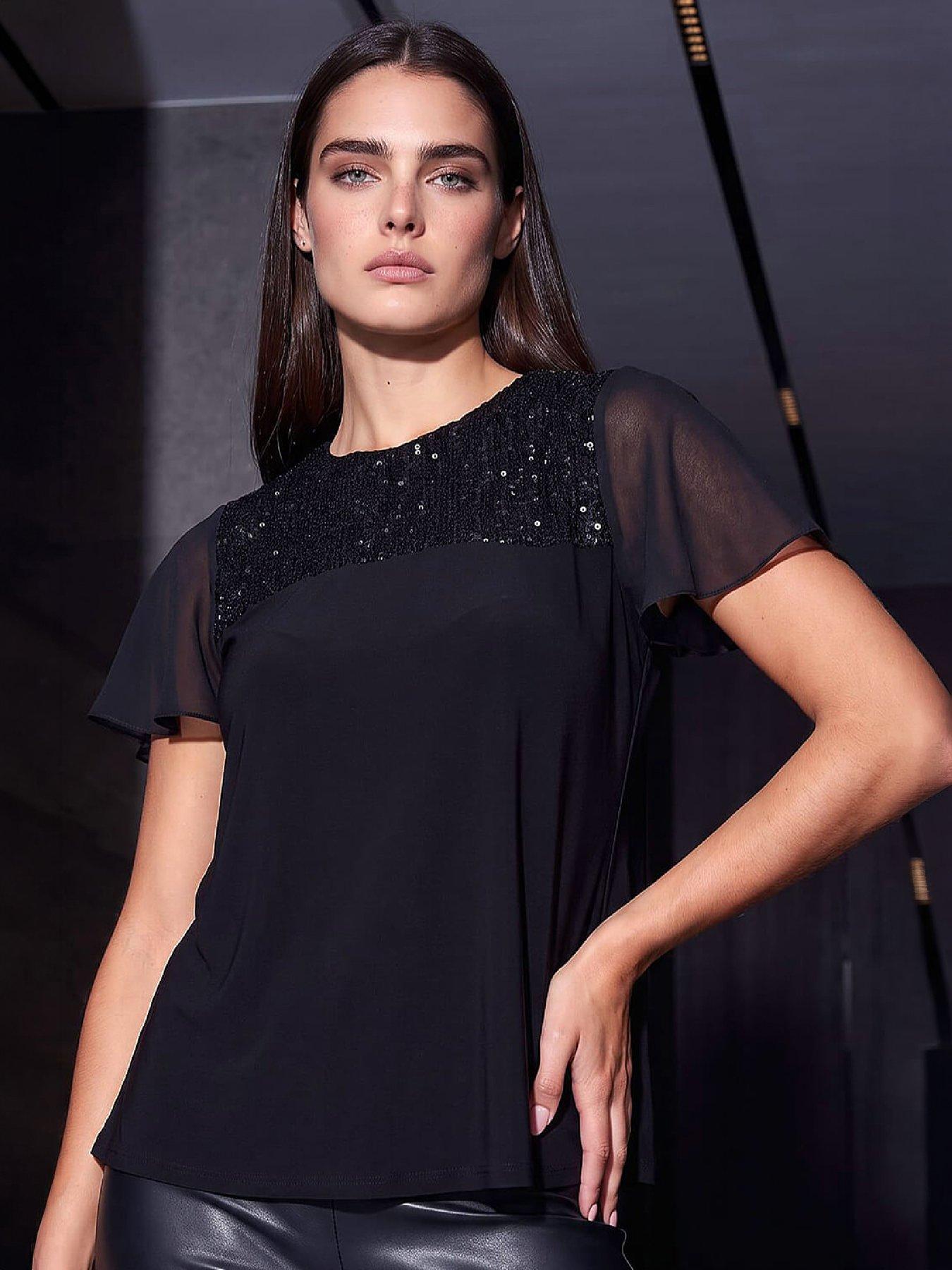 Image 1 of 4 of Roman Womens Petite Sequin Panel Flutter Sleeve Top - Black