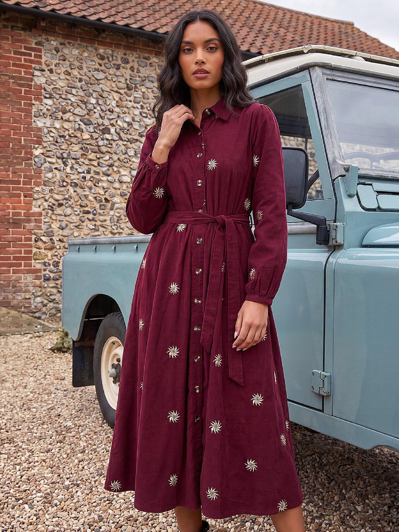 Roman Women's Wine Embroidered Cord Button Midi Dress In | : Size 10 - Image 4