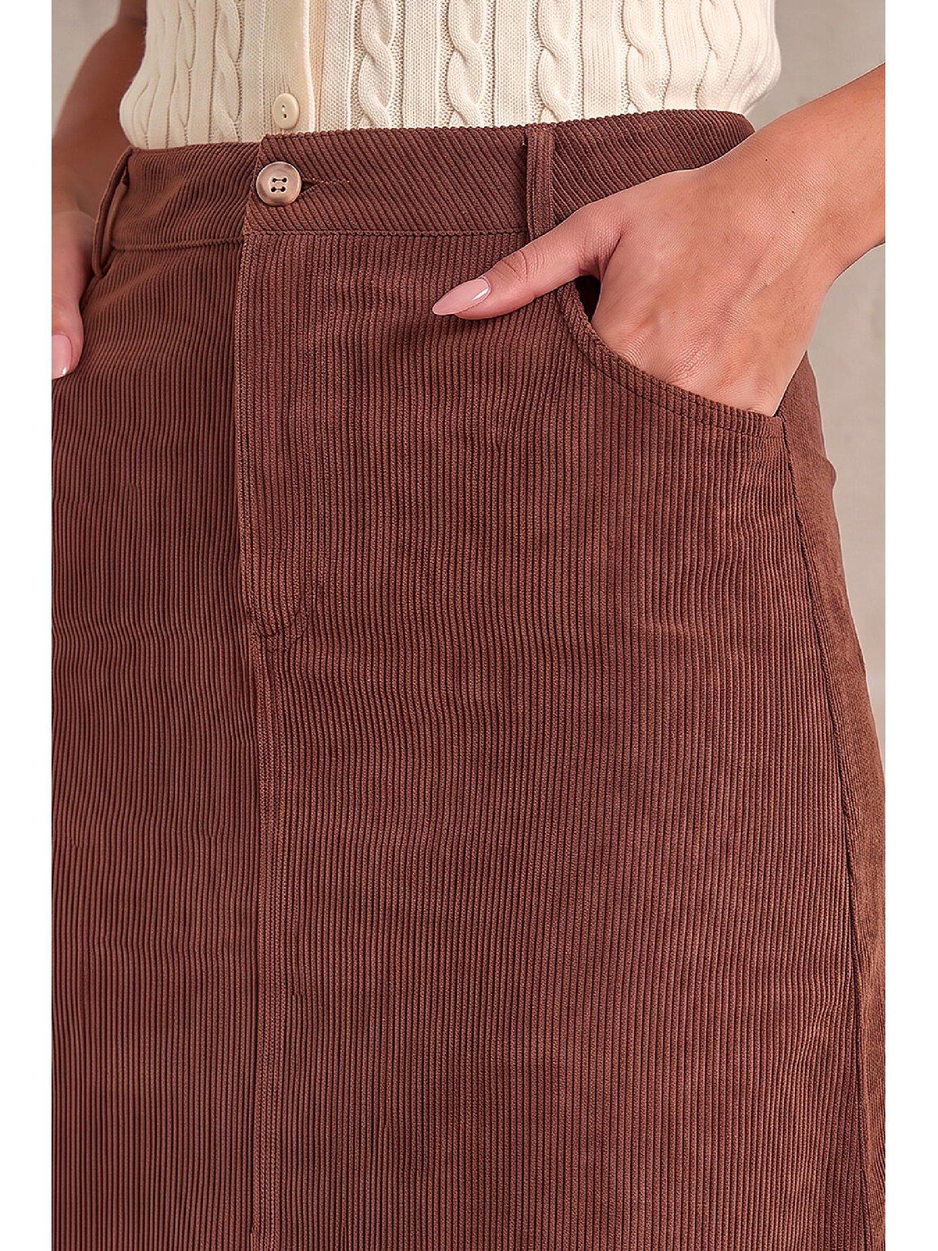 Image 2 of 4 of Roman Womens Cord A-Line Midi Skirt - Brown