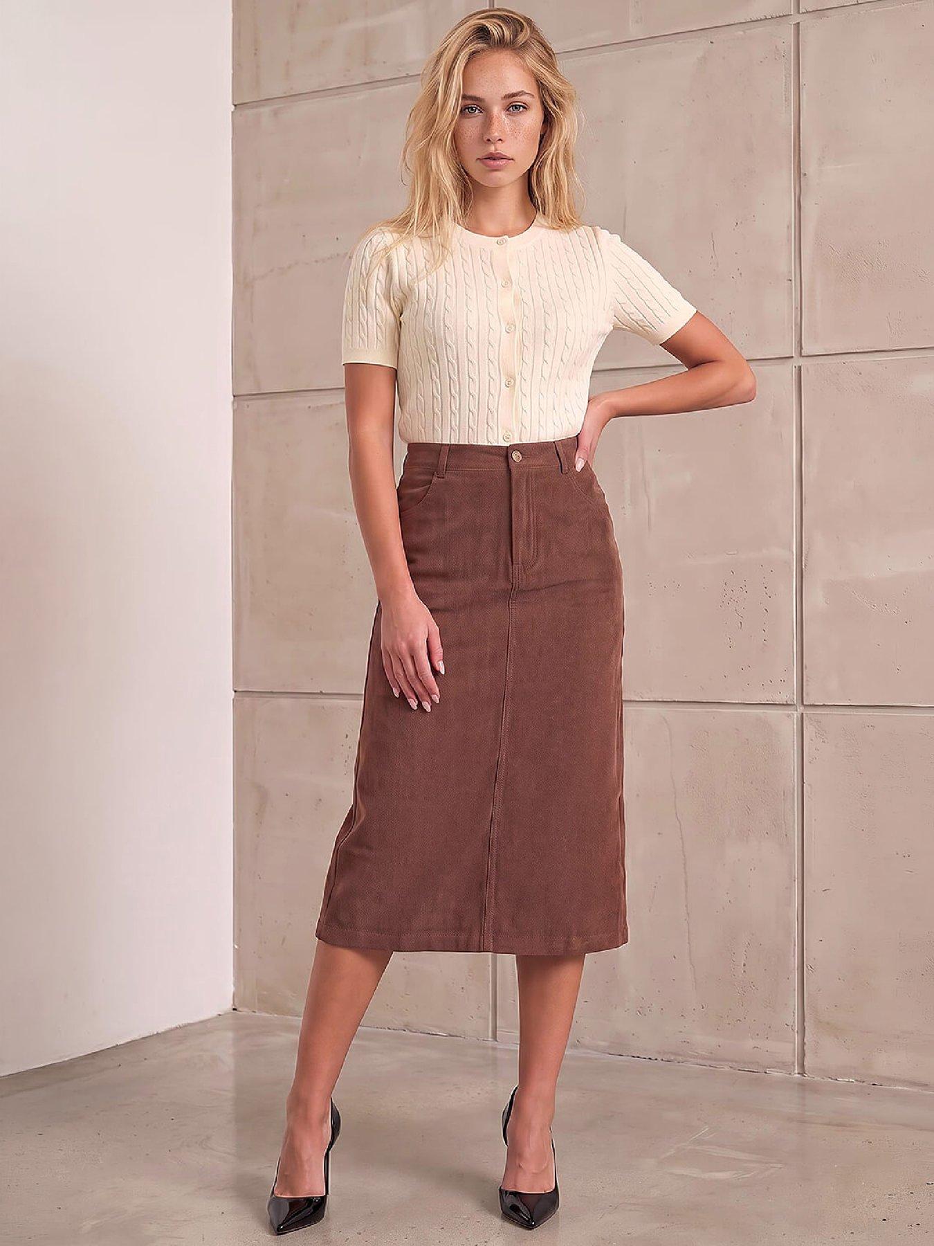 Image 4 of 4 of Roman Womens Cord A-Line Midi Skirt - Brown