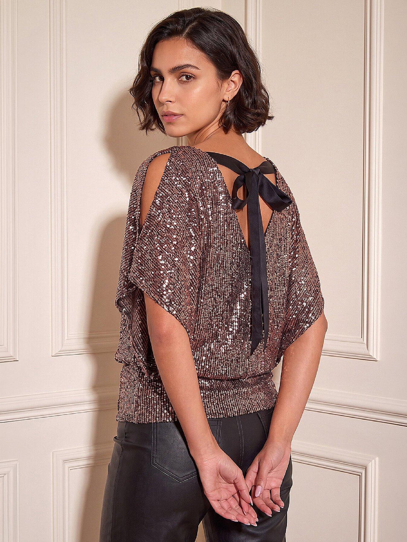 Image 3 of 4 of Roman Roman Womens Bow Back Cold Shoulder Sequin Blouse - Silver