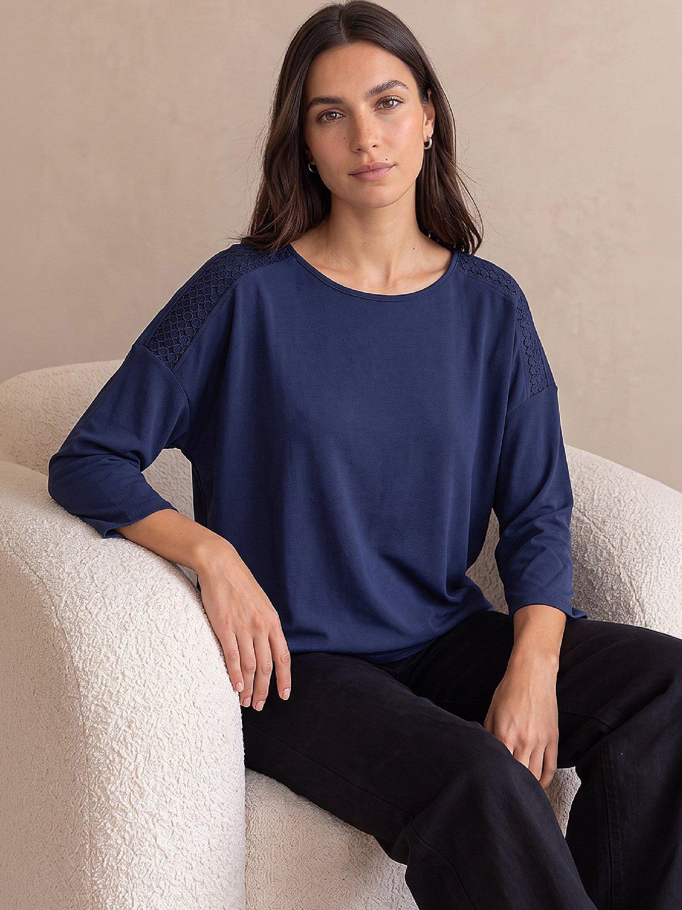 Roman Women's Navy Embroidered Shoulder Stretch Top Size 20 - Image 2