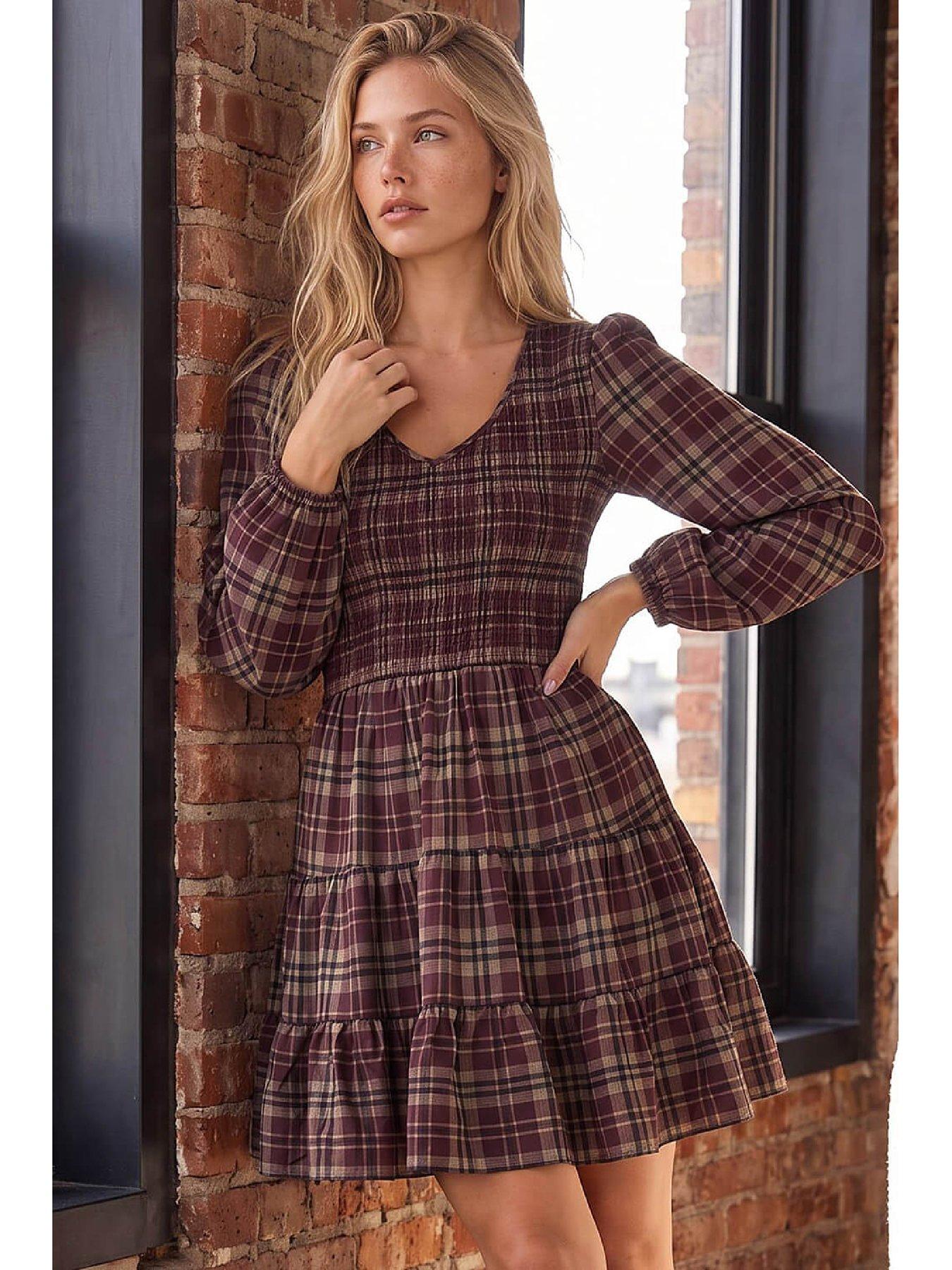 Dusk Women's Plum Check Tiered Dress Size 10 - Image 2