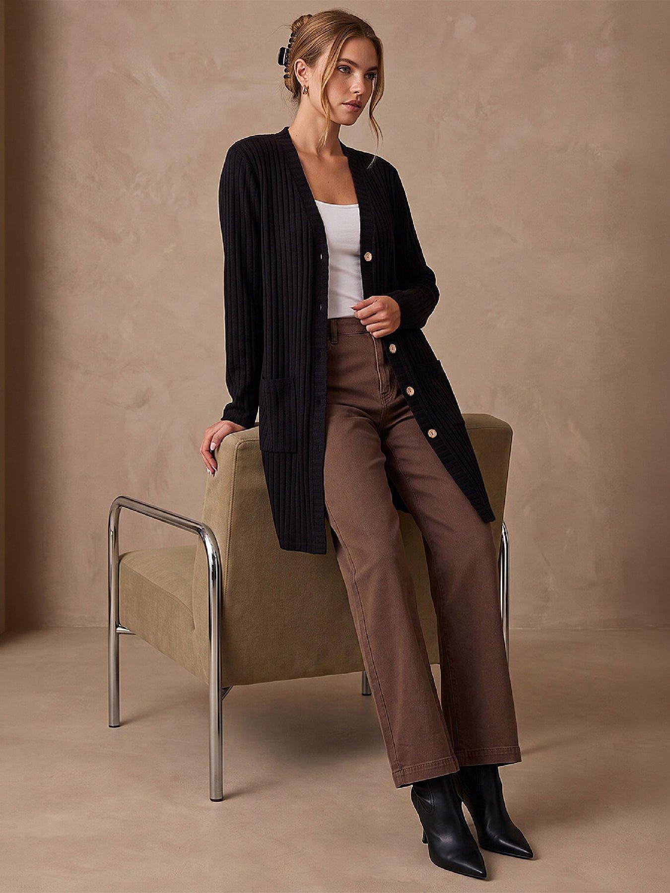 Image 4 of 4 of Roman Womens Ribbed Longline Button Through Cardigan - Black