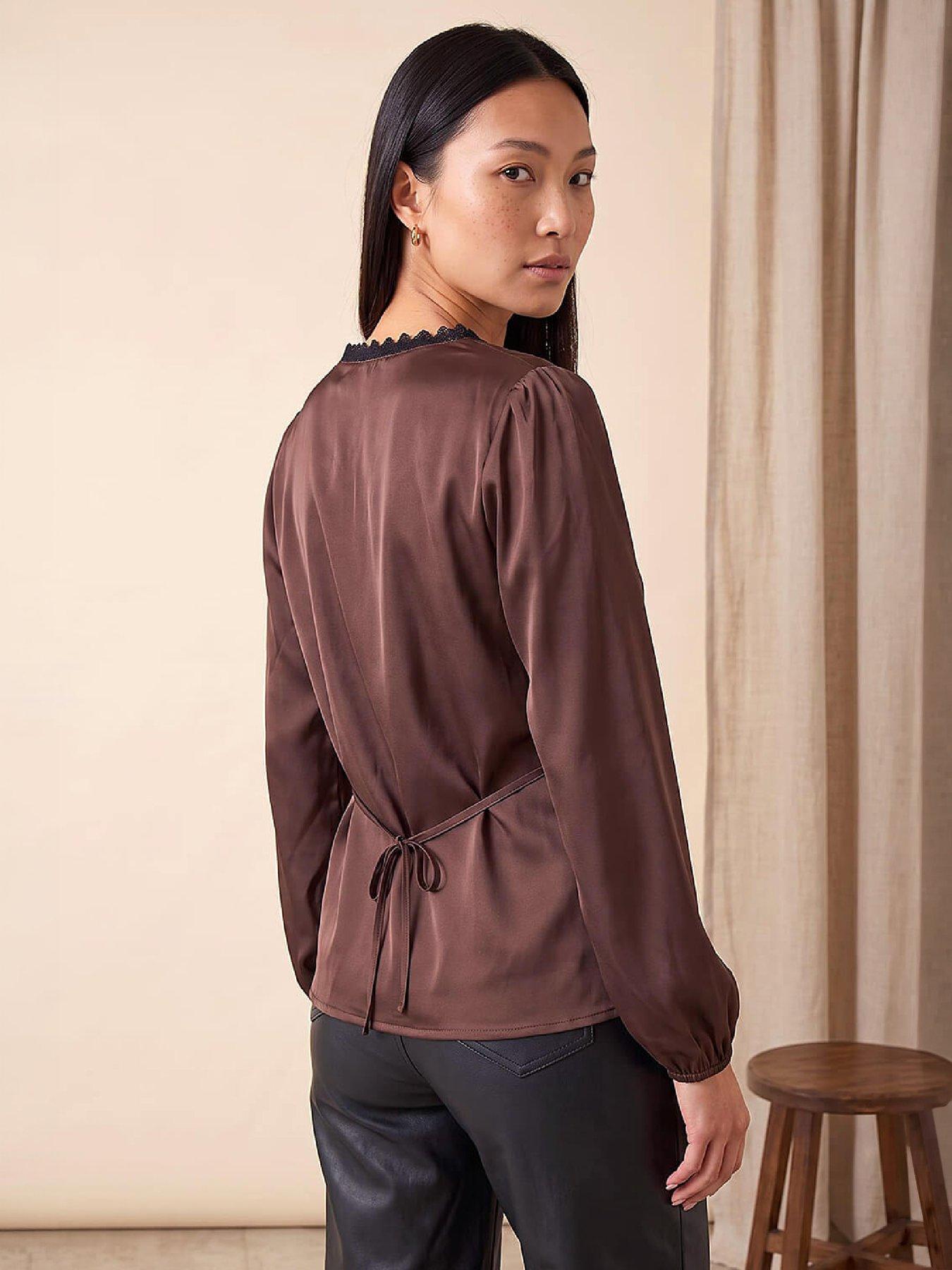 Image 3 of 4 of Roman Womens Contrast Lace Tie-Back Top - Brown