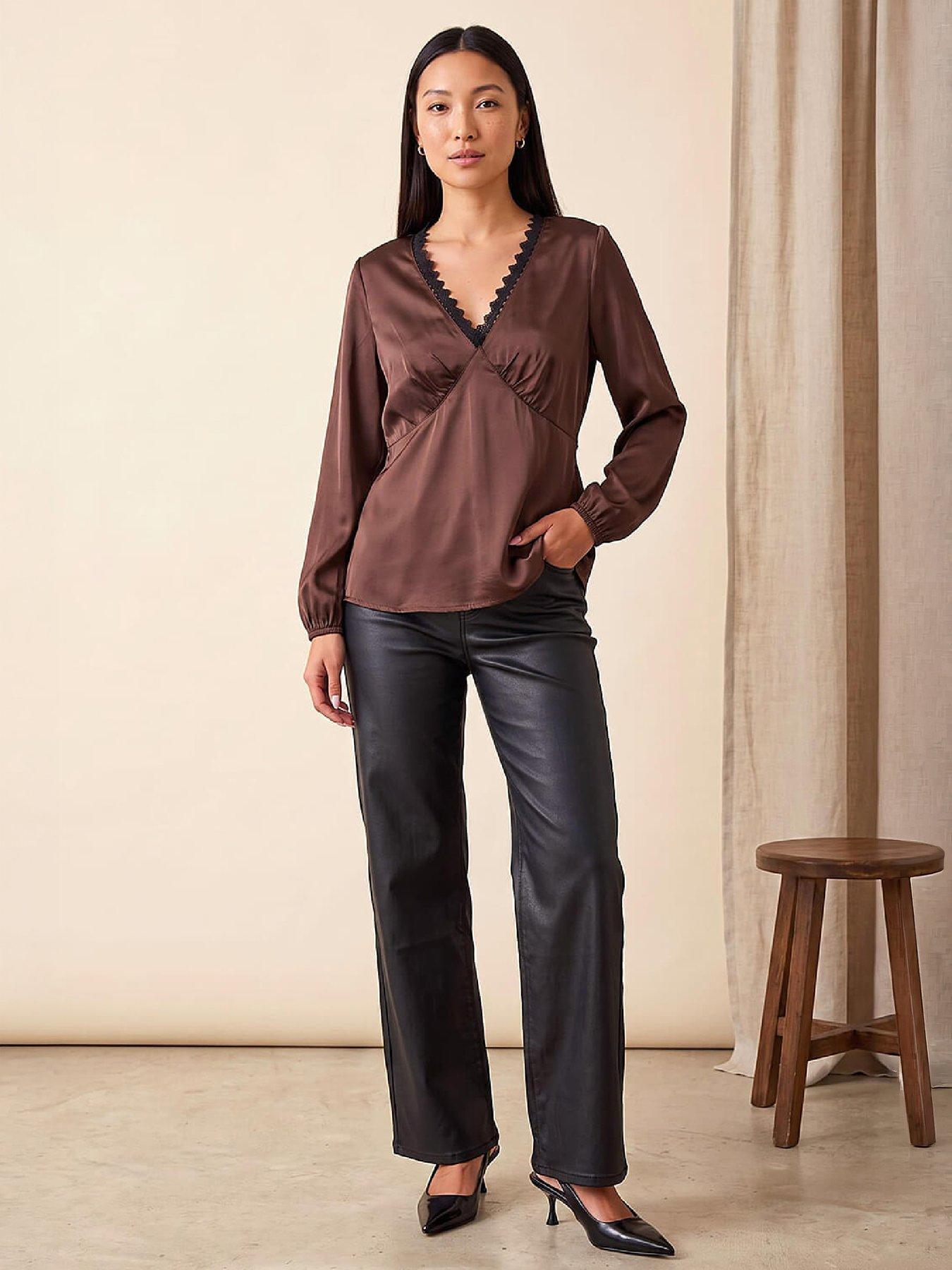 Image 4 of 4 of Roman Womens Contrast Lace Tie-Back Top - Brown